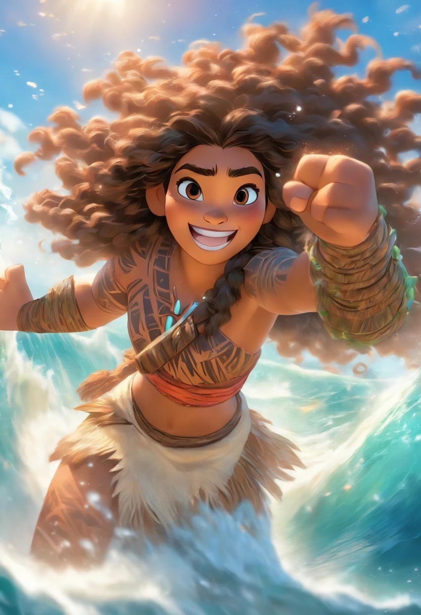 (best quality,ultra-detalhado),Moana, "Moana" film holding a Bible in his hand,illustration,cores realistas,fundo tropical vibrante,Oceano cintilante,clear blue skies,belos olhos detalhados,cabelos soprados pelo vento,rosto sorridente,Flowing dress,magic necklace and bracelet,Expression full of adventure,Paradisiacal scenery,crystal water,ondas majestosas,palmeiras verdes,flores tropicais,peaceful and serene atmosphere