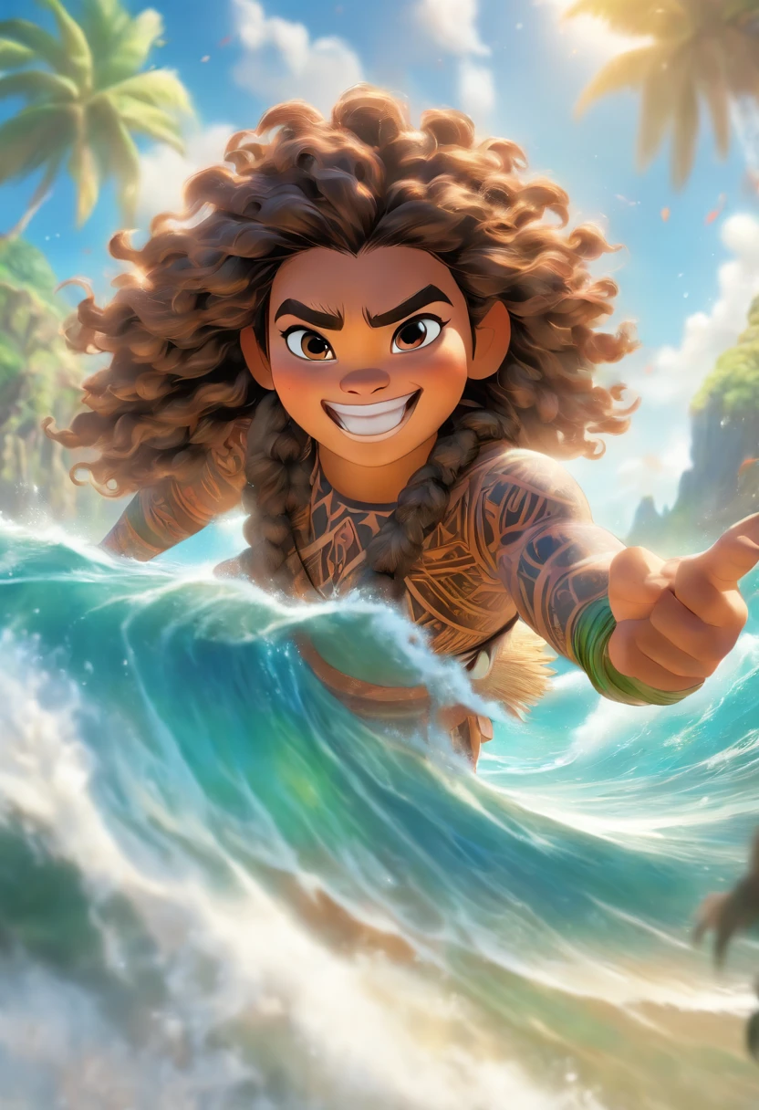 (best quality,ultra-detalhado),Moana, "Moana" film holding a Bible in his hand,illustration,cores realistas,fundo tropical vibrante,Oceano cintilante,clear blue skies,belos olhos detalhados,cabelos soprados pelo vento,rosto sorridente,Flowing dress,magic necklace and bracelet,Expression full of adventure,Paradisiacal scenery,crystal water,ondas majestosas,palmeiras verdes,flores tropicais,peaceful and serene atmosphere