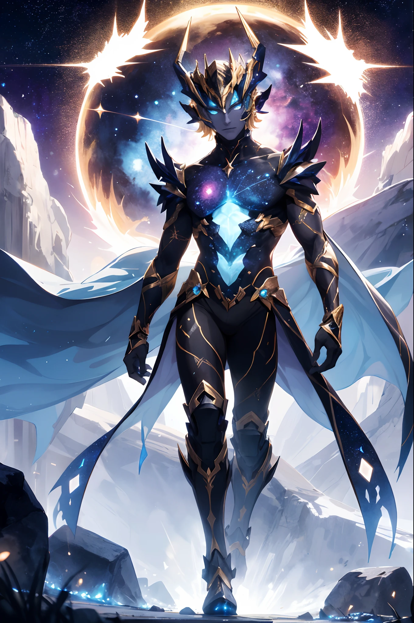 "Zephyrith appears as a being woven from stardust and cosmic energy, giving him a luminous, otherworldly glow. His body seems to be composed of constellations, creating the impression of a walking galaxy."