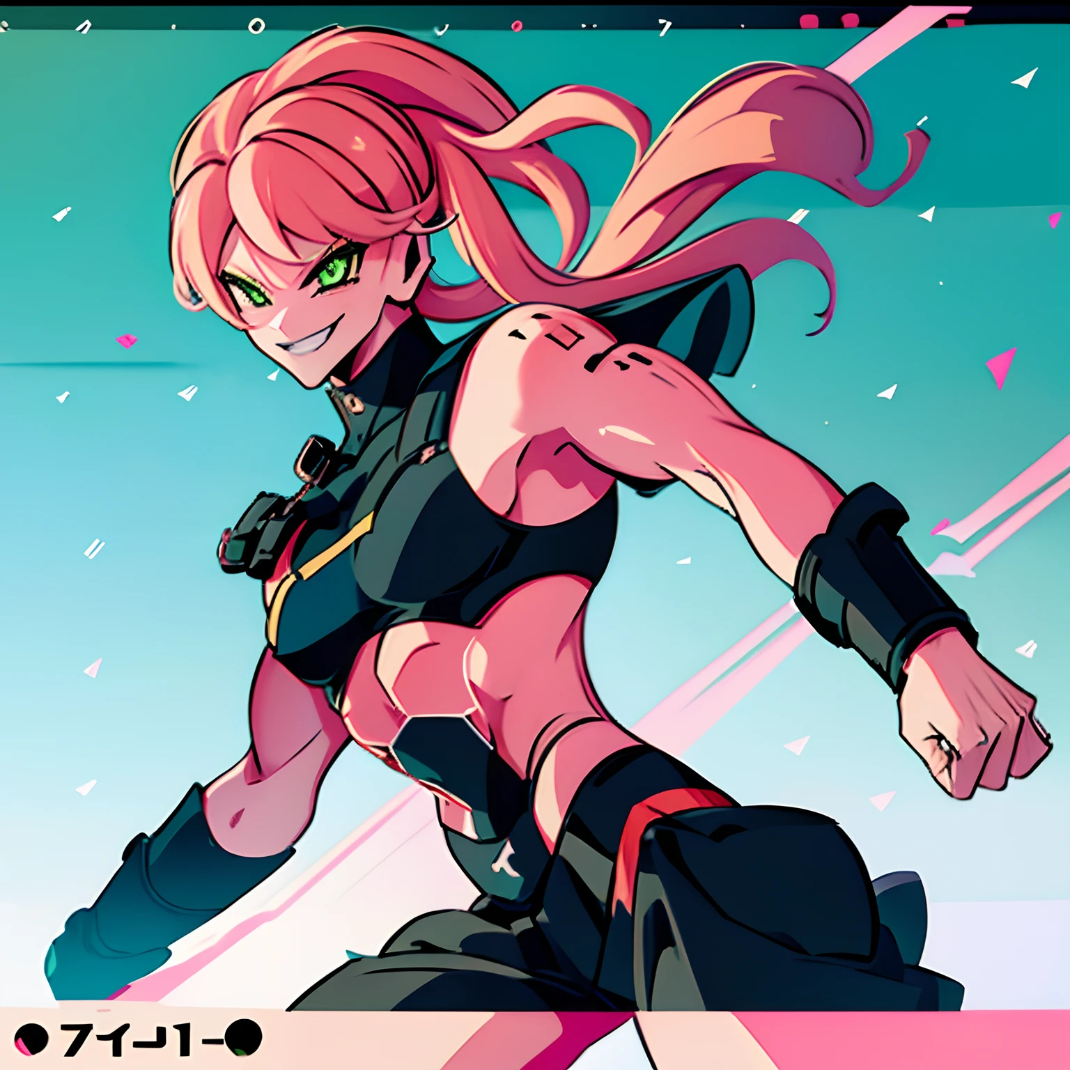 FMAJIN,MAJGEAR, (1boy Solo), Anime illustration,( Beautiful),Male ,hot pink skin, Black clothes, low Ponytail, Green Eyes, Black sclera, Smiling, Dynamic pose, Masterpiece, Highest quality, high Aesthetic