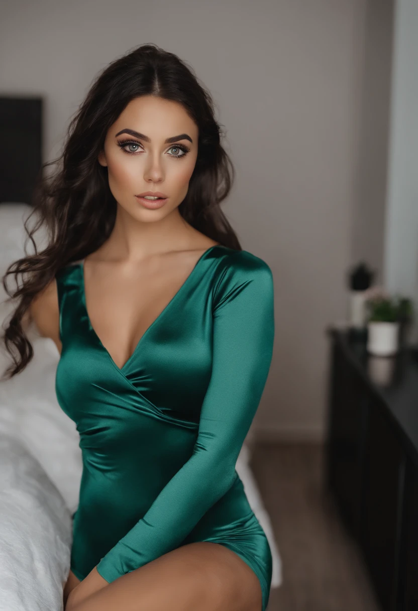 Arafed woman with matching tank top and panties, Sexy girl with green eyes, portrait sophie mudd, blackhair and large eyes, Selfie einer jungen Frau, Augen im Schlafzimmer, Violet Myers, ohne Make-up, Natural makeup, Blick direkt in die Kamera, Gesicht mit Artgram, dezentes Make-up, Stunning full body shot, im Schlafzimmer, Spaltung showing her beauty