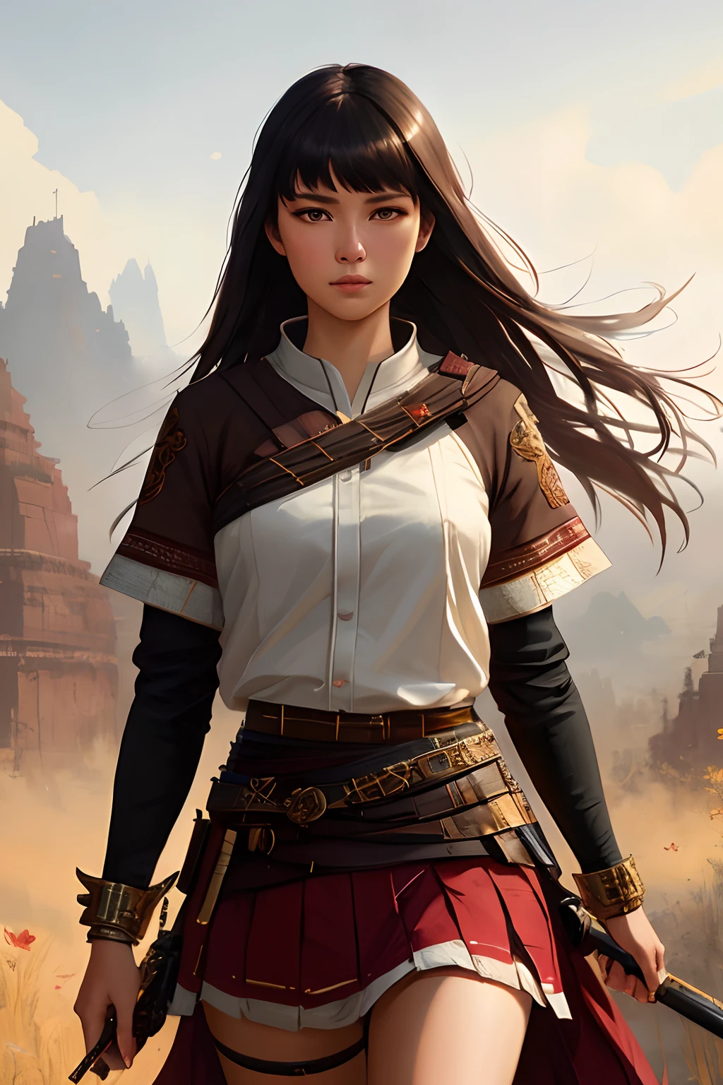 modelshoot style, (extremely detailed CG unity 8k wallpaper), full shot body photo of the most beautiful artwork in the world, beautiful cute girl warrior in skirt, professional majestic oil painting by Ed Blinkey, Atey Ghailan, Studio Ghibli, by Jeremy Mann, Greg Manchess, Antonio Moro, trending on ArtStation, trending on CGSociety, Intricate, High Detail, Sharp focus, dramatic, photorealistic painting art by midjourney and greg rutkowski