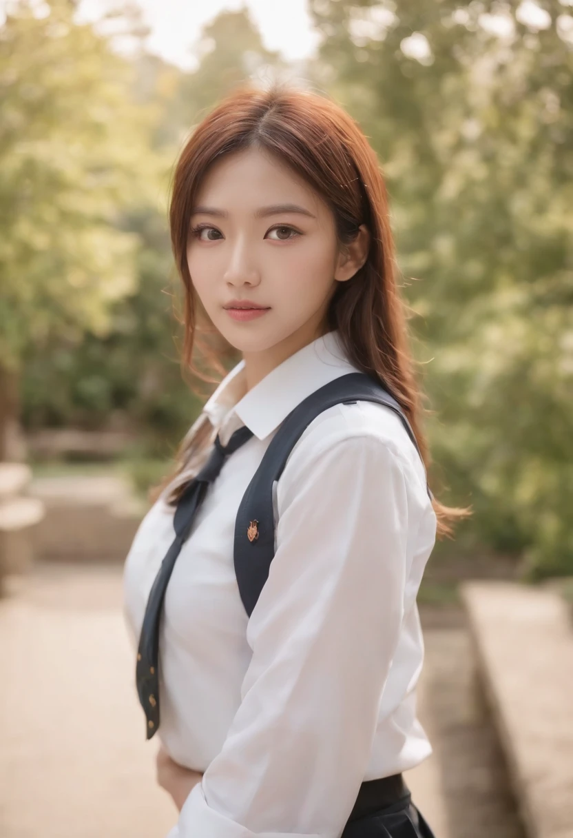 Close up portrait of a woman walking in a park in school uniform、Japan Person Model、Young Sensual Gravure Idol、Young cute gravure idol、Realistic Young Gravure Idol、Realistic sensual gravure idol、Young gravure idols、sophisticated gravure idol、奈良美智、Young skinny gravure idol、beautifull asian girl ever、oppai