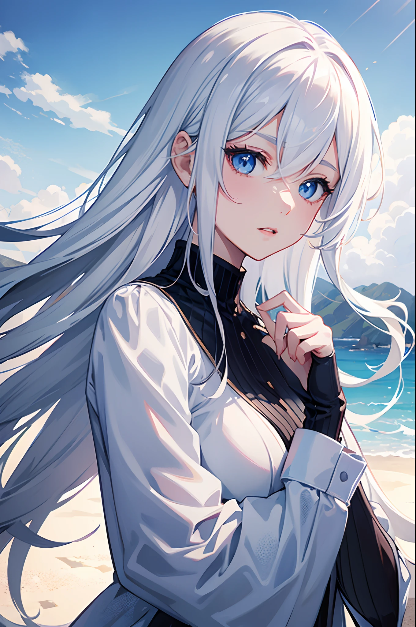 Cover magazine, anime, young woman, solo, long hair, white hair, blue eyes, model, beautiful, half body potrait, fantasy, ice