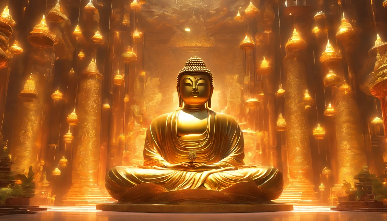 ，Meisterwerk, best quality，8K, Ultra-High-Res，In einem ruhigen Stupa，Reflexion des schwachen Morgenlichts。Eine riesige Buddha-Statue ragt hoch in der Mitte der Halle auf，Es wird zum Leben erweckt，Every detail has been meticulously carved by the artist。Die Buddha-Statue sitzt feierlich auf einem Lotussitz，An atmosphere of holiness permeates them。Das Sonnenlicht, die durch das obere Fenster eintritt, wirft gesprenkeltes Licht und Schatten，Der ganze Saal ist in Ruhe erleuchtet。

The Buddha statue is dignified，The distinctive detail makes it look real and dynamic。Buddhas Augen waren hell und leuchtend，Es scheint in der Lage zu sein, die Schwierigkeiten der Welt zu durchschauen。The meticulous hand carvings reveal the texture of the fingertips and the calm posture，Exudes a sense of detached meditation。Das goldene Gewand schimmerte sanft gegen das Licht，Es war, as if it were a splendor of heaven。

A group of devout believers gathered around the temple，Sie kamen voller Ehrfurcht, um die Buddha-Statue zu verehren，Kneel on the floor and ponder the scriptures。Her figures are shrouded in a warm glow，Der Umriss ist deutlich zu erkennen。The walls of the hall are covered with colorful prayer flags，Schaukeln Sie sanft mit der Brise，It gives the whole room a mysterious and sumptuous atmosphere。