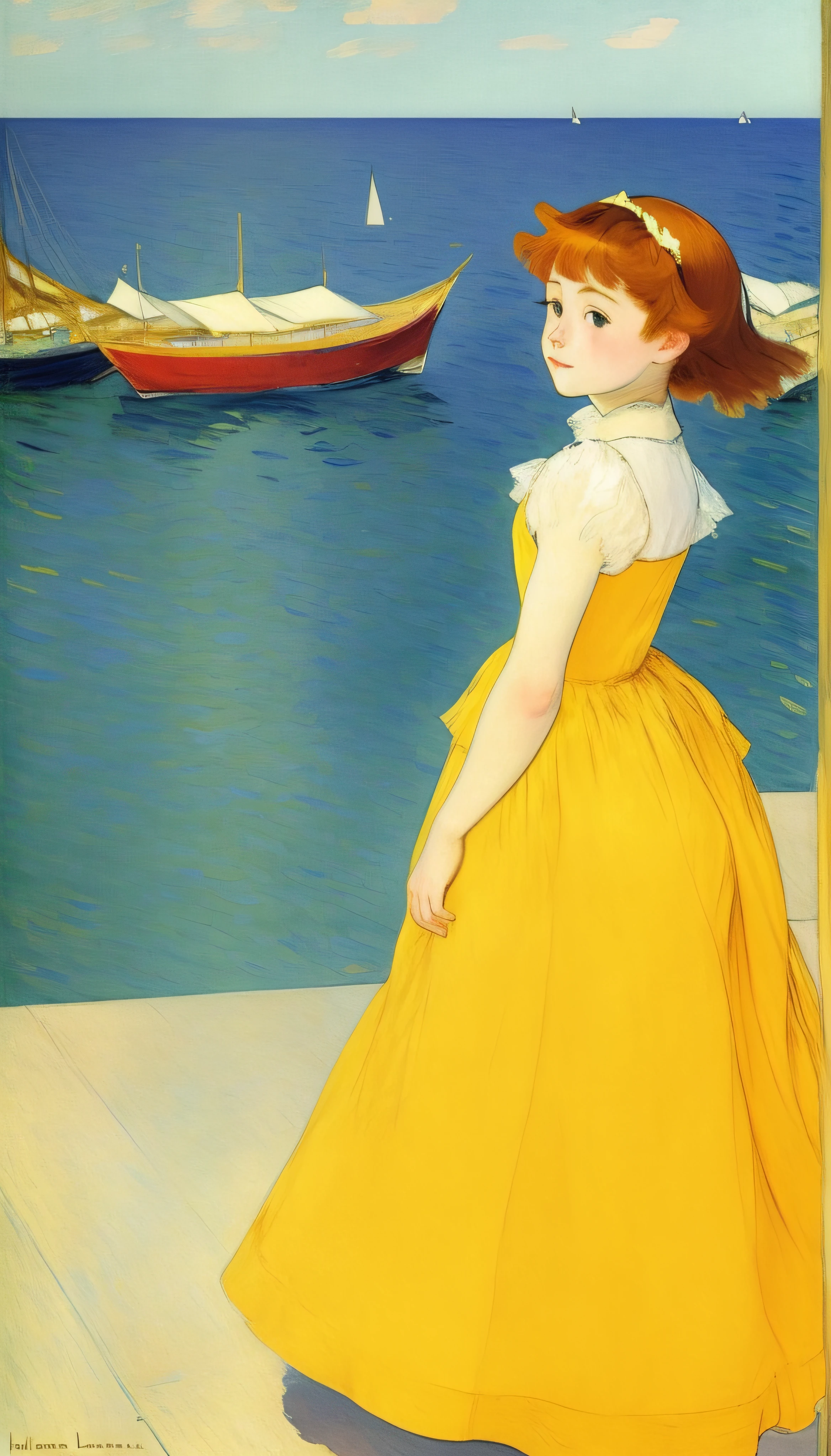 Little brown-haired girl in a long yellow dress against the background of the sea, Henri de Toulouse-Lautrec