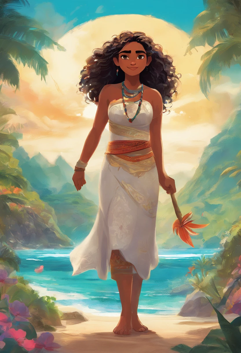 (best quality,ultra-detalhado),Moana, "Moana" film holding a Bible in his hand,illustration,cores realistas,fundo tropical vibrante,Oceano cintilante,clear blue skies,belos olhos detalhados,cabelos soprados pelo vento,rosto sorridente,Flowing dress,magic necklace and bracelet,Expression full of adventure,Paradisiacal scenery,crystal water,ondas majestosas,palmeiras verdes,flores tropicais,peaceful and serene atmosphere