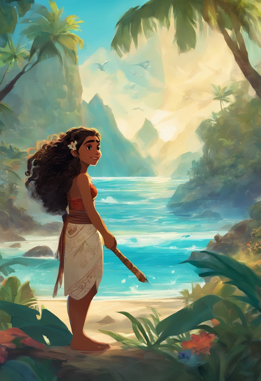 (best quality,ultra-detalhado),Moana, "Moana" film holding a Bible in his hand,illustration,cores realistas,fundo tropical vibrante,Oceano cintilante,clear blue skies,belos olhos detalhados,cabelos soprados pelo vento,rosto sorridente,Flowing dress,magic necklace and bracelet,Expression full of adventure,Paradisiacal scenery,crystal water,ondas majestosas,palmeiras verdes,flores tropicais,peaceful and serene atmosphere