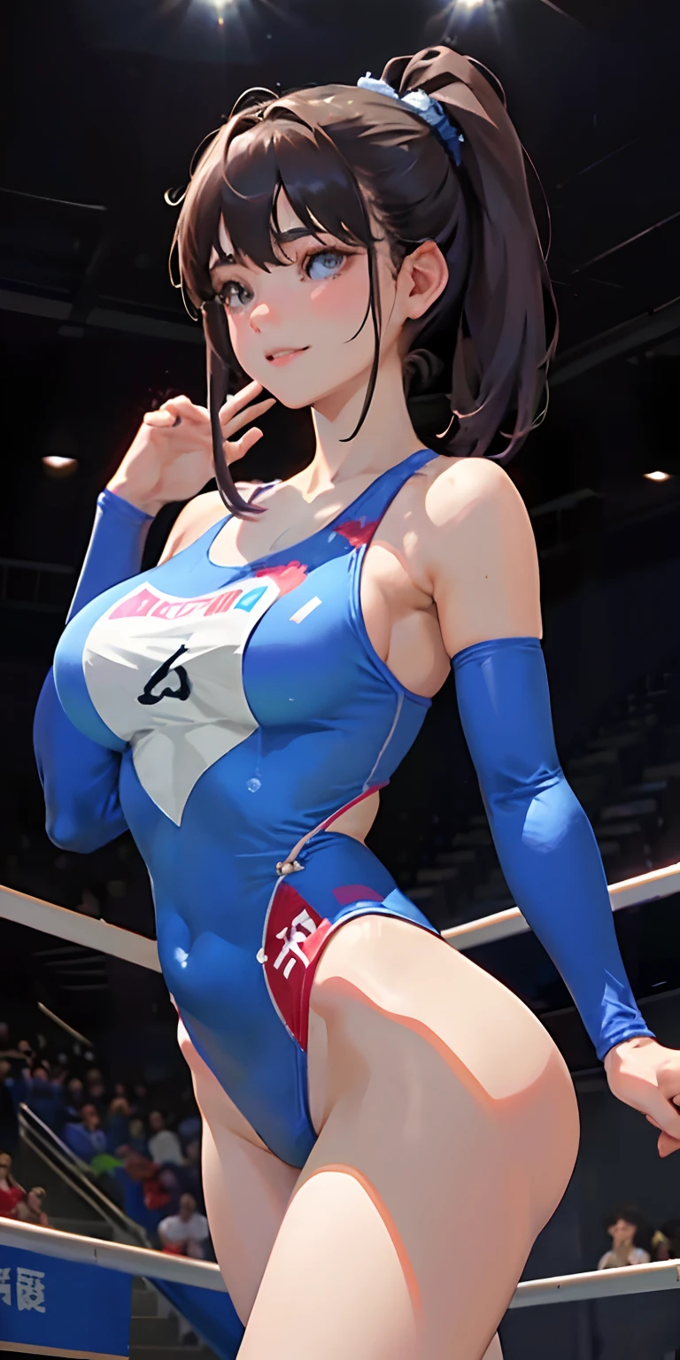 ​masterpiece、top-quality、hight resolution、Realistic Girl、gymnast、Close-up of people、Wear a slightly larger chest bodysuit、During gymnastics competitions、Smile、Gymnastics competition venue、A sexy