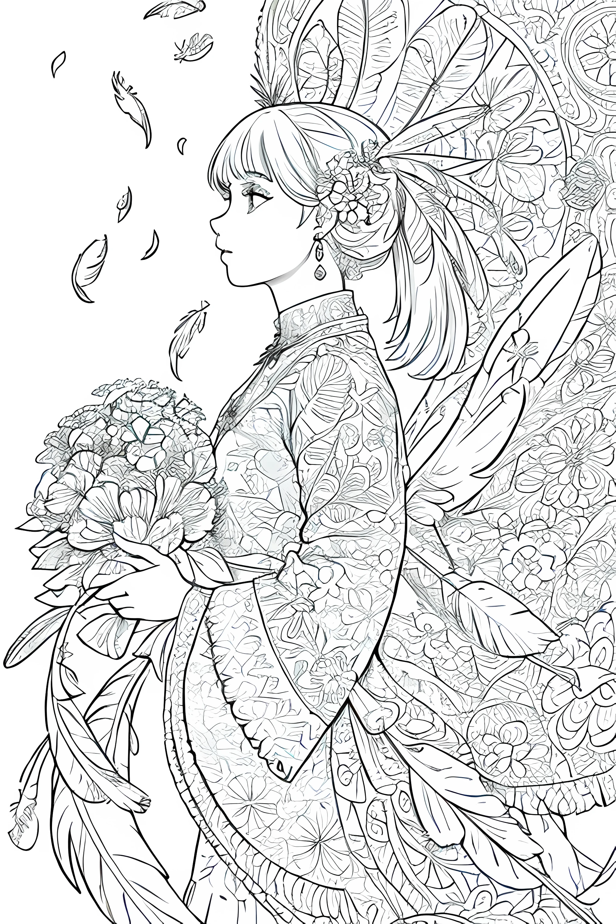 (1girl, solo, from side), extremely detailed, (abstract background, zentangle, fractal art:1.3), (many colors, colorful:1.1), (feathers, petals, flowers:1.3), dynamic pose, earrings