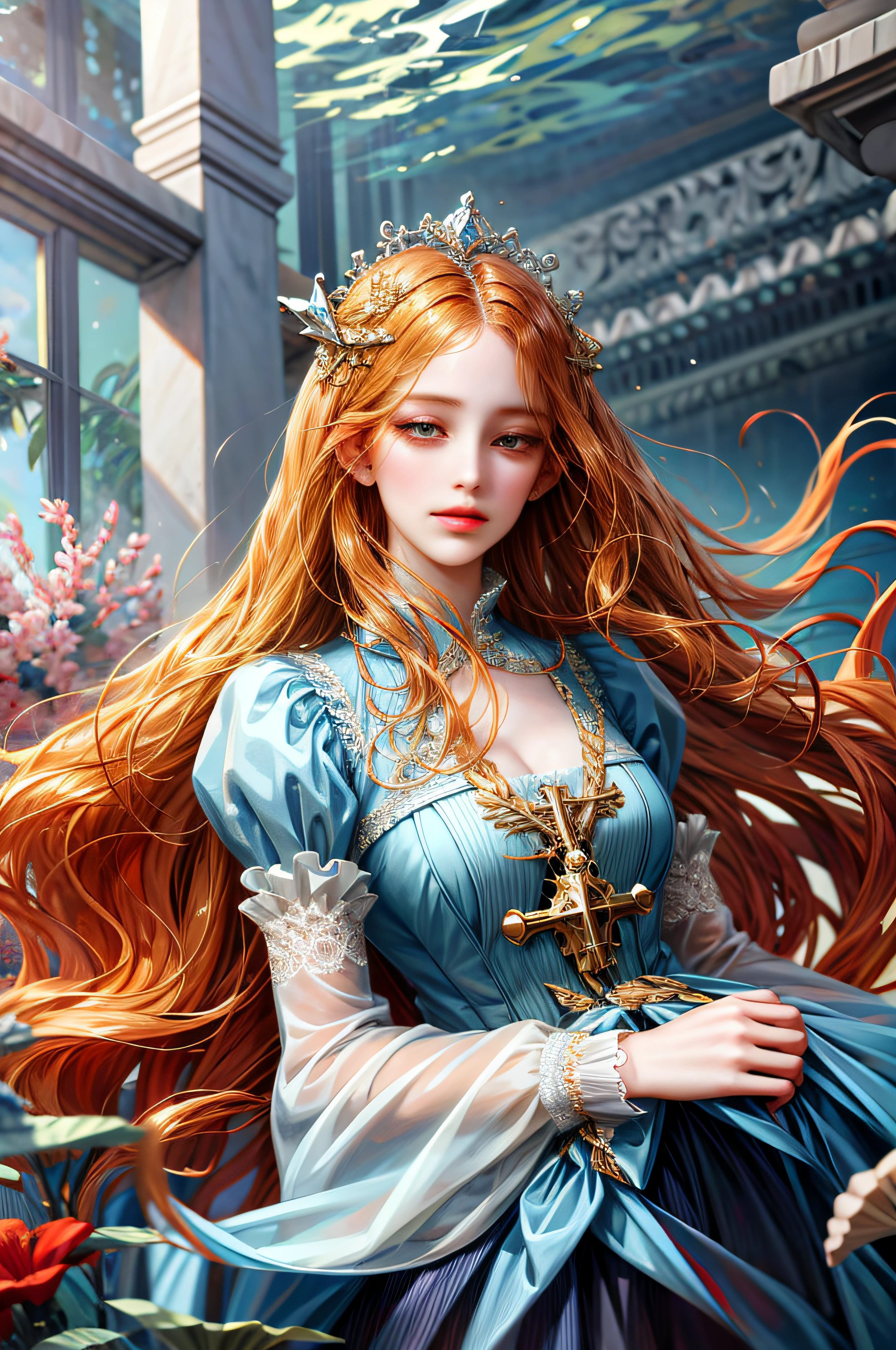 (absurdres, highres, ultra detailed), 1girl, solo, mature, (long hair), Baroque, dress, long sleeve, elegant, holy, colorful, highest detailed, portrait, close up, underwater, floating hair, flower