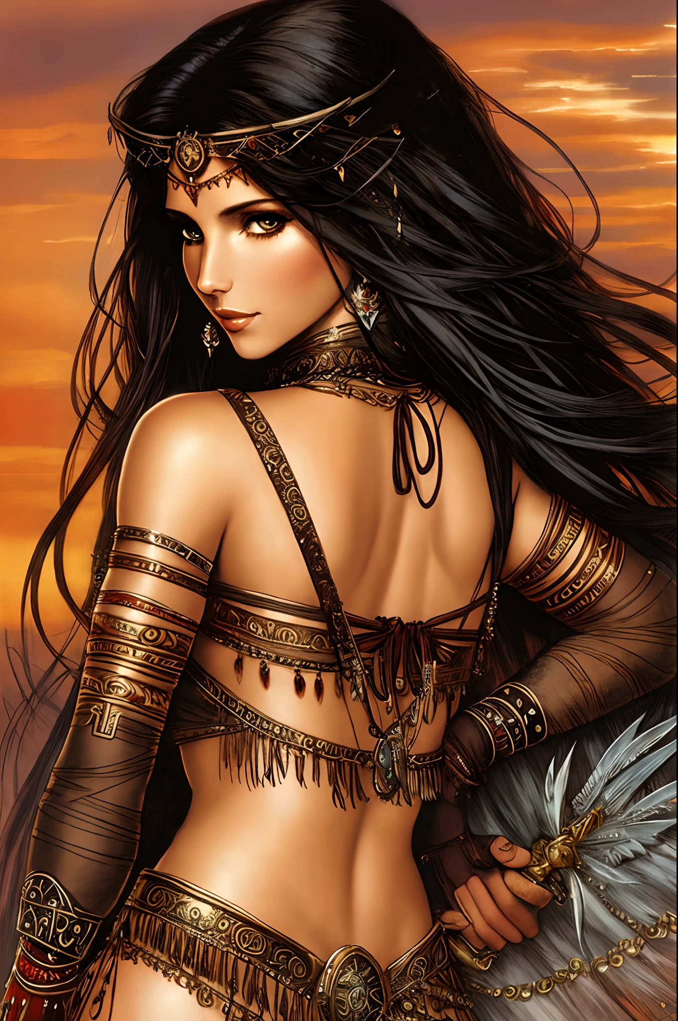 Luis Royo style illustration of the beautiful Disney Pocahontas, with her tribal outfit, similar to Charisma Carpenter.