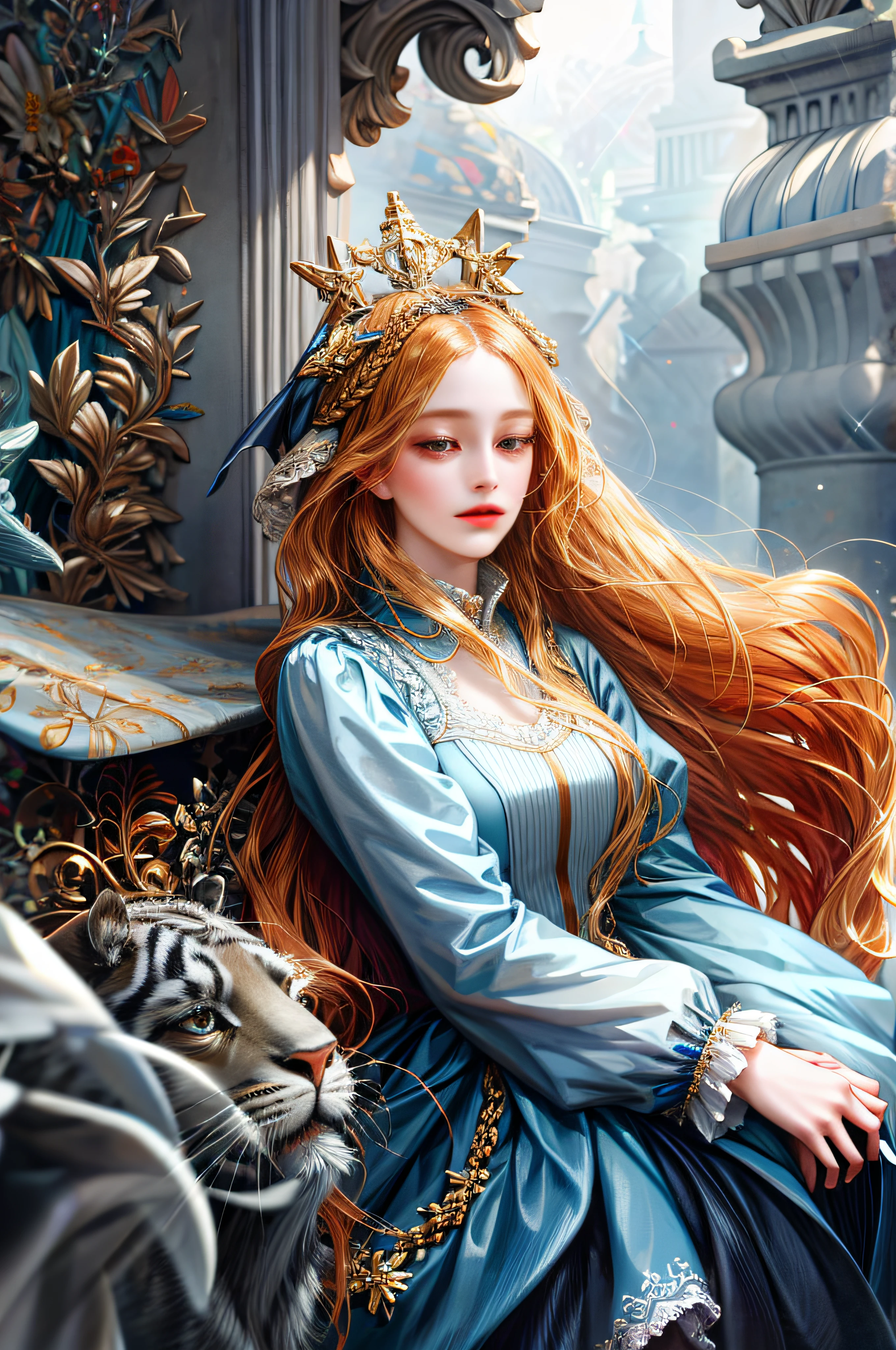 (absurdres, highres, ultra detailed), 1girl, solo, mature, (long hair), Baroque, dress, long sleeve, elegant, holy, colorful, highest detailed, portrait, close up, underwater, floating hair, flower