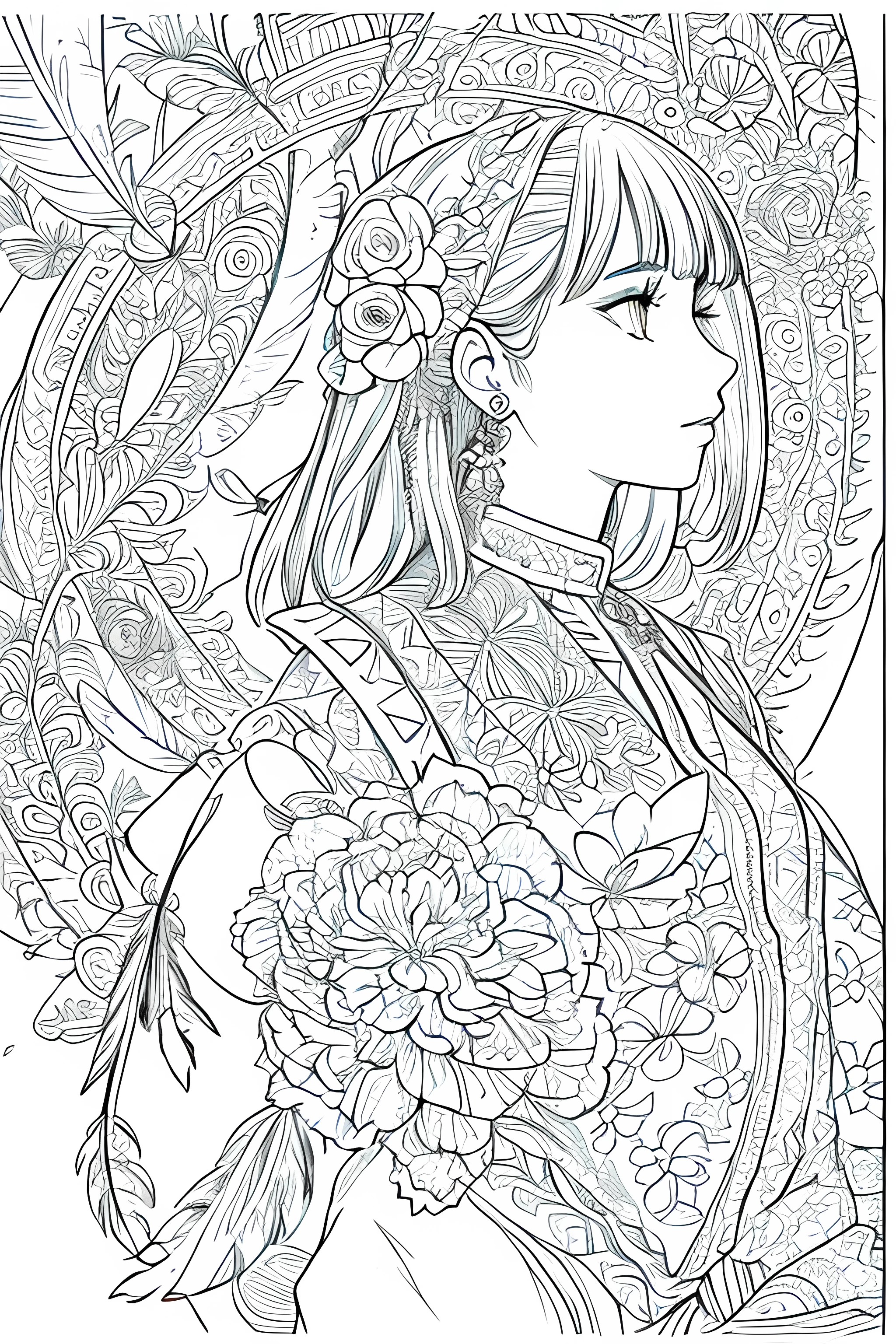 (1girl, solo, from side), extremely detailed, (abstract background, zentangle, fractal art:1.3), (many colors, colorful:1.1), (feathers, petals, flowers:1.3), dynamic pose, earrings