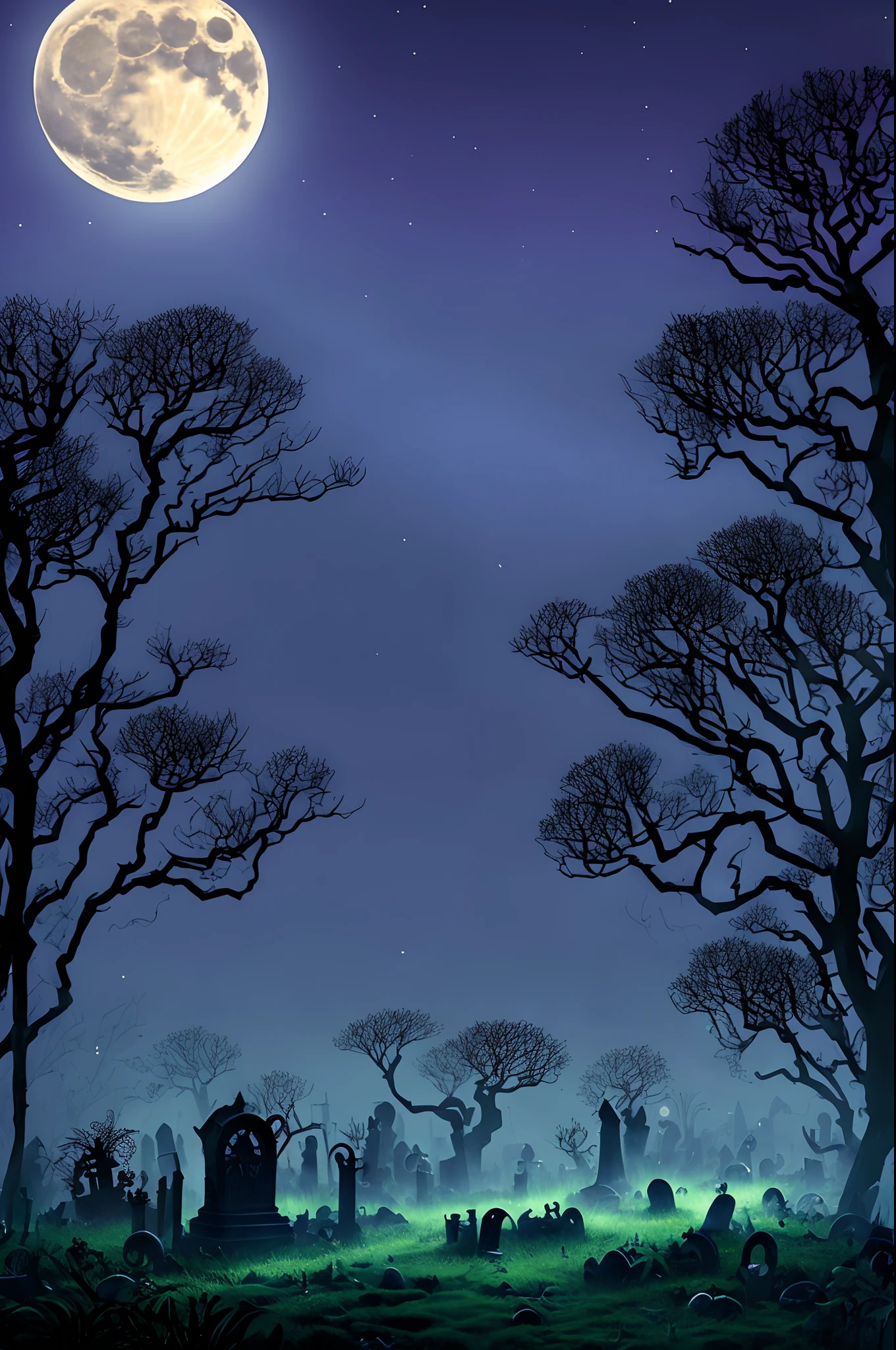 A spooky and mysterious Halloween-themed t-shirt design featuring a haunted graveyard under a full moon. The art form chosen is Pixar 3D, drawing inspiration from the style of "Coco." The scene depicts eerie tombstones, skeletal trees, and flickering lanterns casting long shadows. The color temperature is eerie with dark blues and greens, and the skeletal figures have sinister grins on their faces. The moonlight creates a haunting glow, enhancing the eerie atmosphere