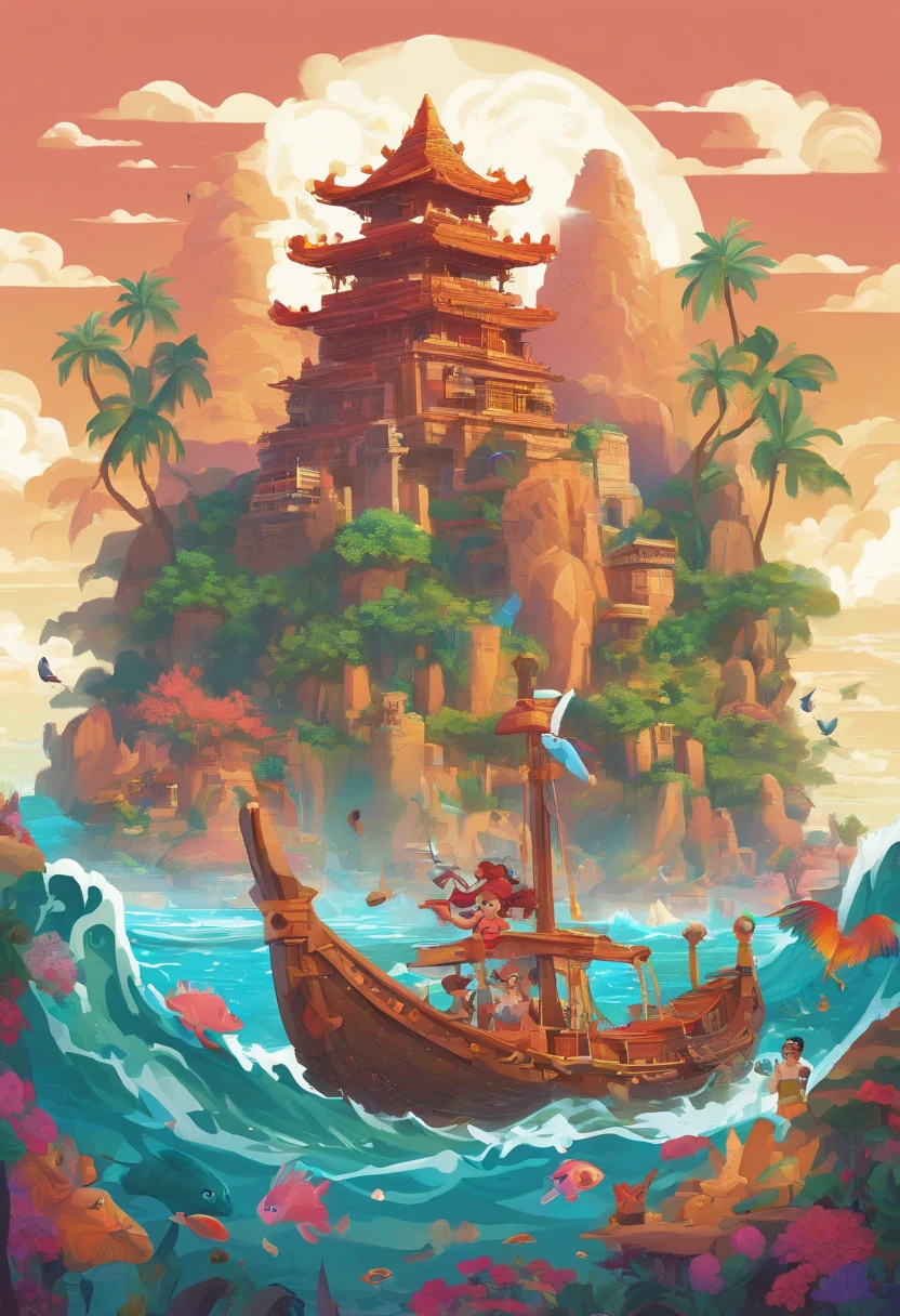 (best quality,4k,8k,highres,masterpiece:1.2),ultra-detailed,(realistic,photorealistic,photo-realistic:1.37),colorful,imaginative,humorous,adventurous,tropical,magical,animated,ocean-themed,Disney,Moana,animated movie,cartoon,fantasy-world,charming characters,funny dialogues,colorful costumes,beautiful landscapes,turquoise waters,emerald green palm trees,white sandy beaches,sunlit skies,crystal clear waves,sparkling sunshine,exotic flowers,vibrant coral reefs,towering mystical mountains,playful Polynesian people,ocean adventure,breathtaking canoeing journey,strong-willed princess,curly raven hair,deep brown eyes,bright smile,charismatic demigod,dark curly mane,lava-like tattoos,fish hook weapon,shapeshifting abilities,awe-inspiring water abilities,epic battles,heartwarming friendships,inspirational songs,empowering self-discovery,tribal dances,mythical creatures,friendly ocean spirit,lovable pet pig,Pua,adventurous pet rooster,Heihei,ancient legends,ancestral exploration,saving her people,overcoming obstacles,finding her true identity,celebrating culture and heritage.