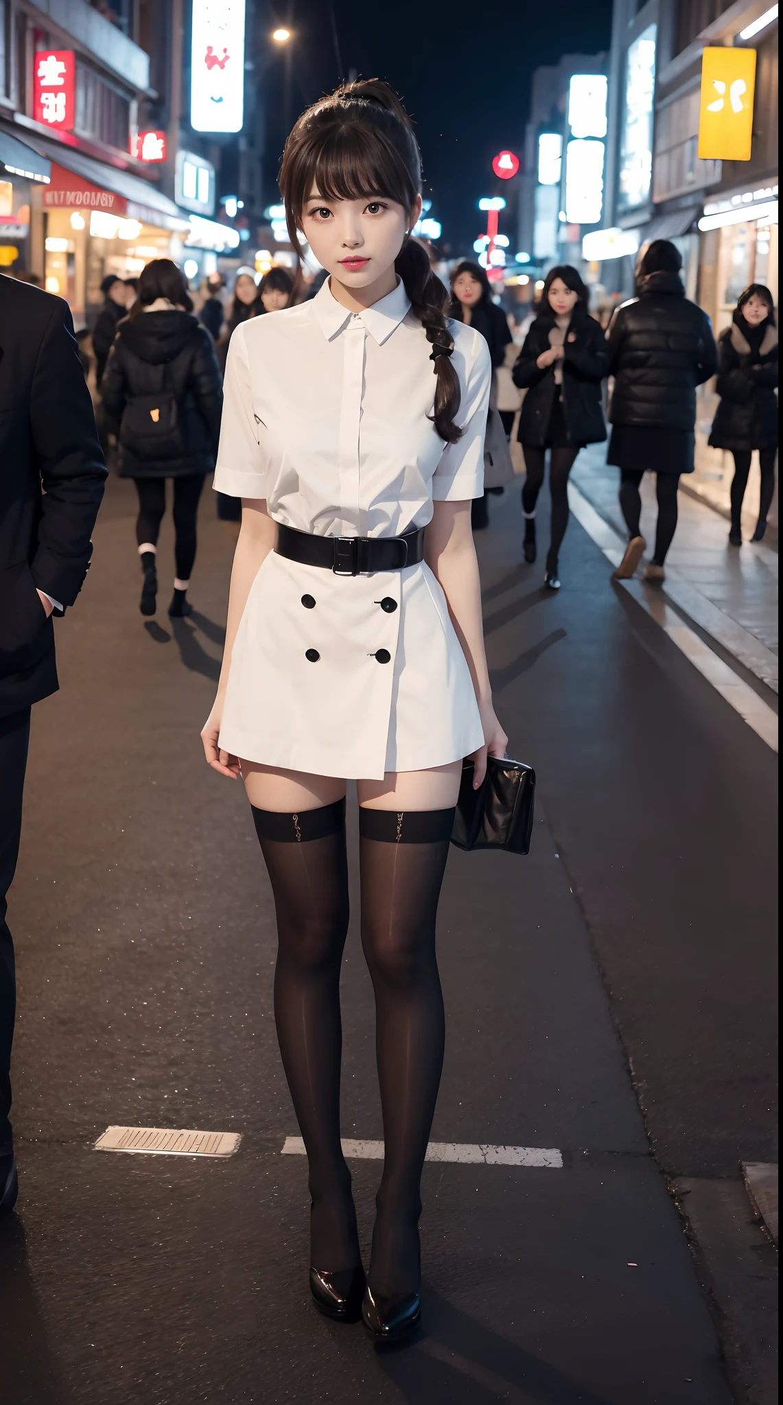 JK set,Knee-length black stockings,double-ponytail,Looks pure and cute,City Street at night