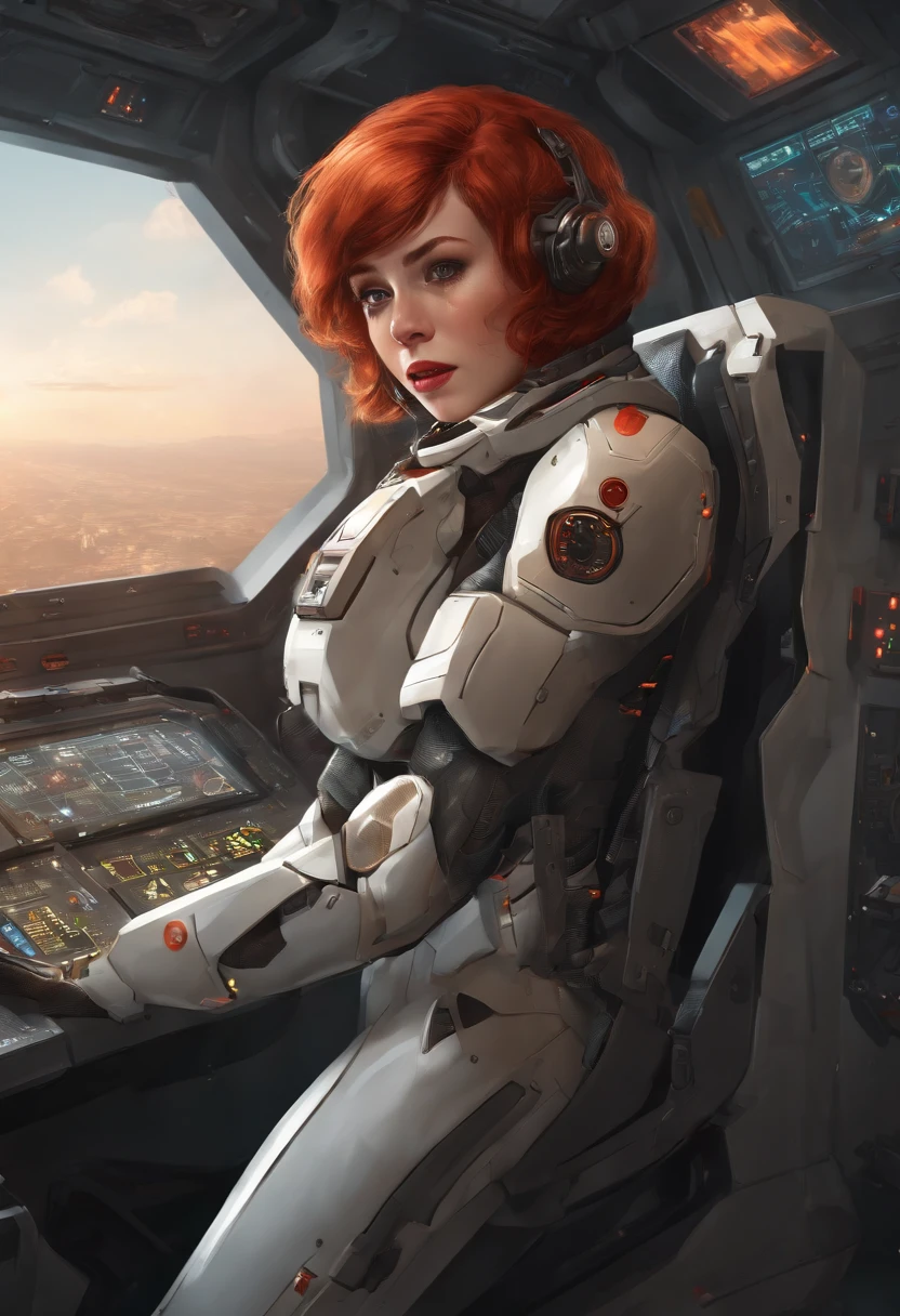 Absurd resolution, high resolution, (masterpiece: 1.4), hyper-detail, ung woman, short red hair, pilot suit, rich princess, sitting in an extremely narrow closed mecha control room, expression scared crying open mouth call (1.3), in the sky