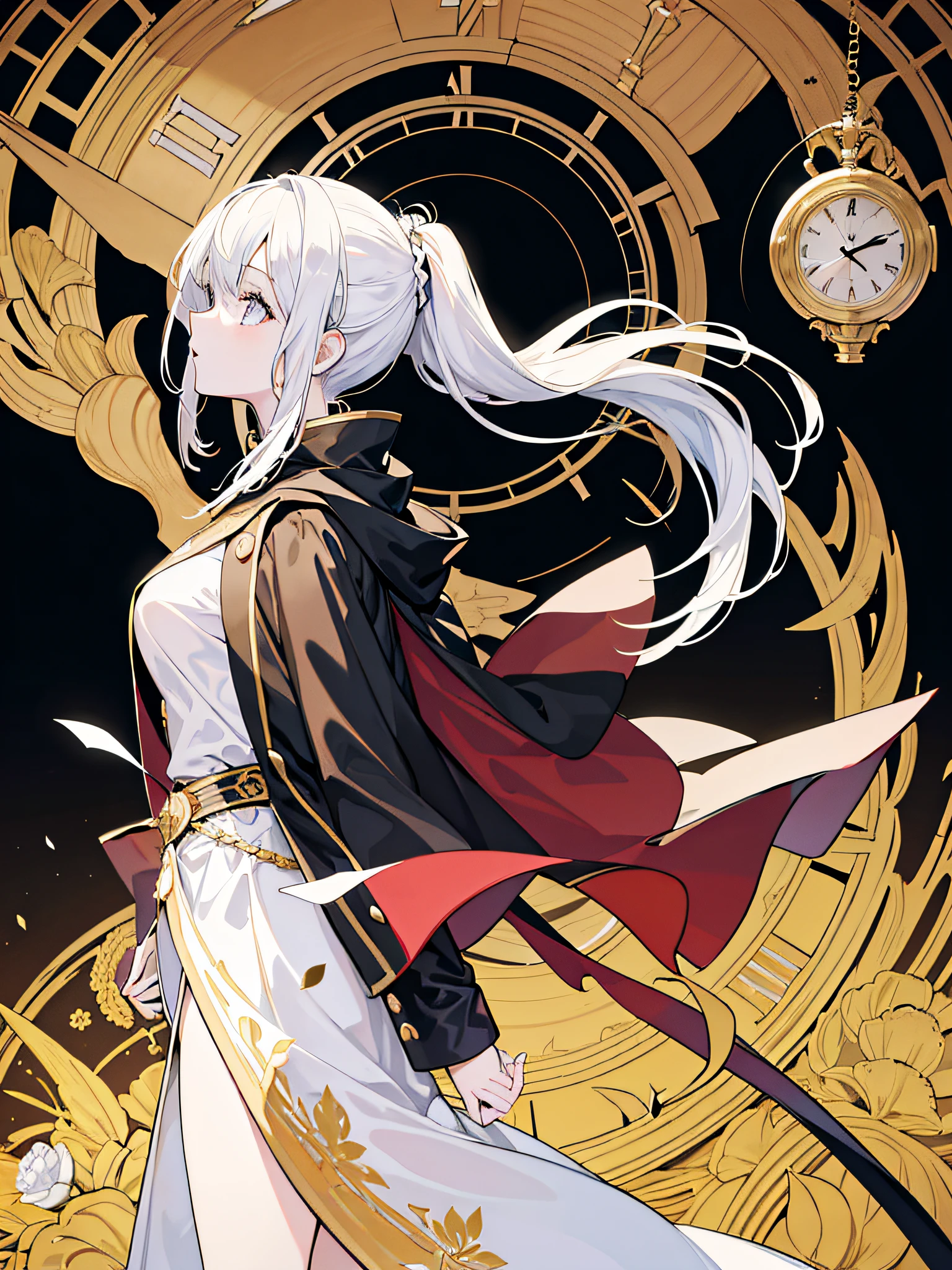masterpiece, absurdres, novel cover, cover illustration, 1girl, solo, white-haired ponytail, mage robes, flower background, clock background, monochrome, line drawing