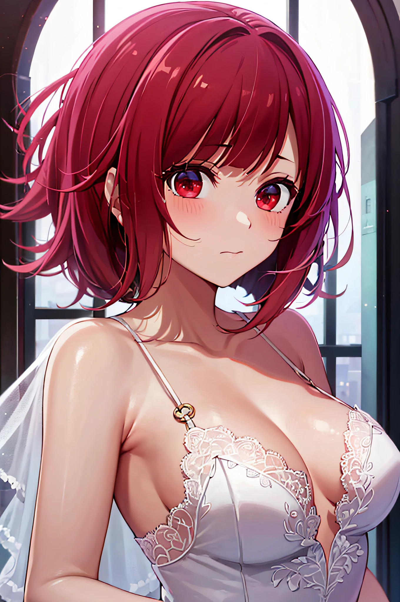 masutepiece, Best Quality, High resolution, Ultra High Resolution, depth of fields,1girl in, Red Eyes, Red hair, ((Bob Hair)), (wedding dress), Small breasts, cleavage, chies