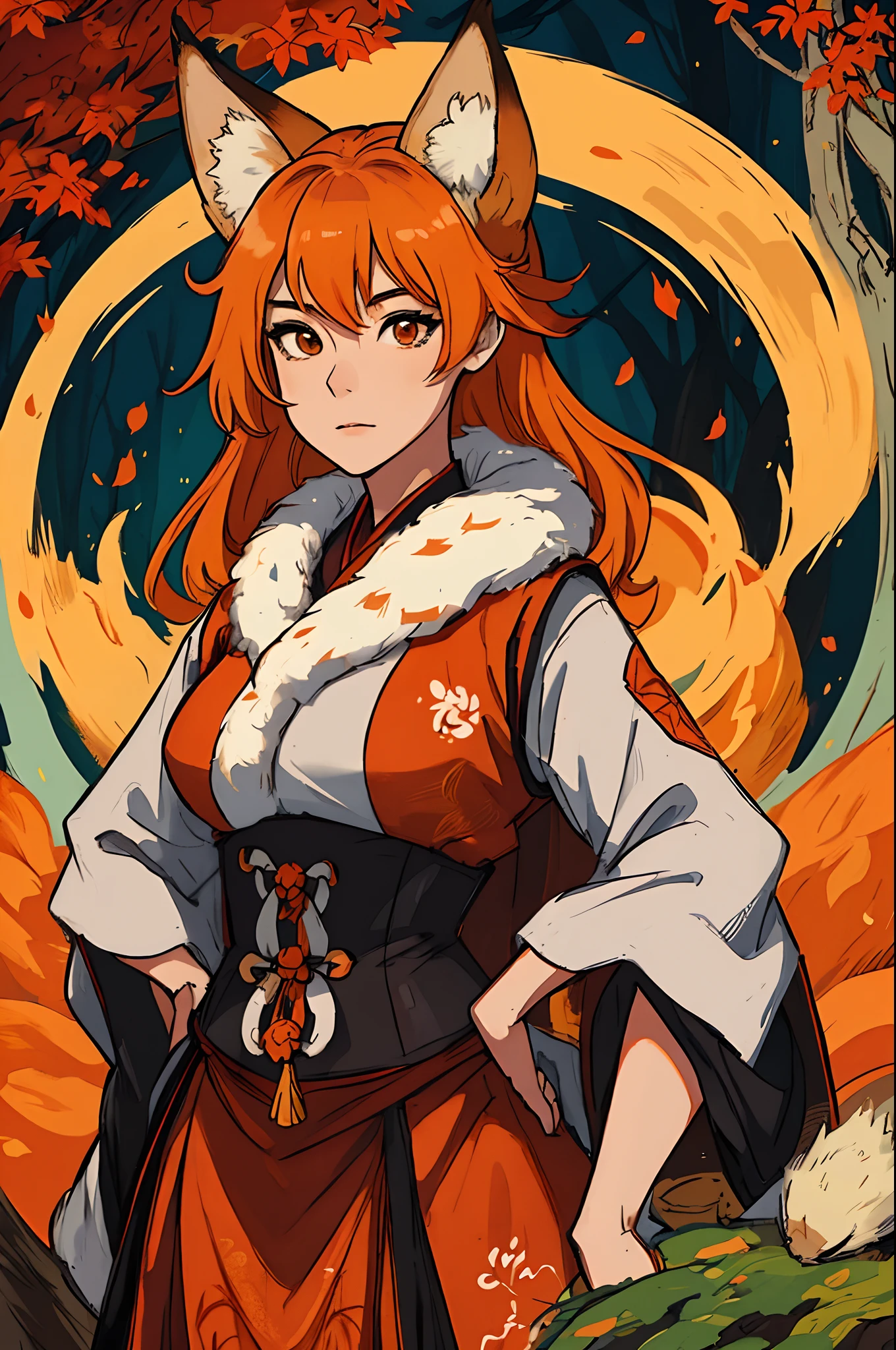 Closeup of an adult mature woman with features and expressions of age 30 years old, she has orange hair, is a kitsune wearing oriental clothes in an autumn forest, a character illustration for rpg, a medieval art brush, oriental clothes and fox ears, a fox woman with white fur like a european