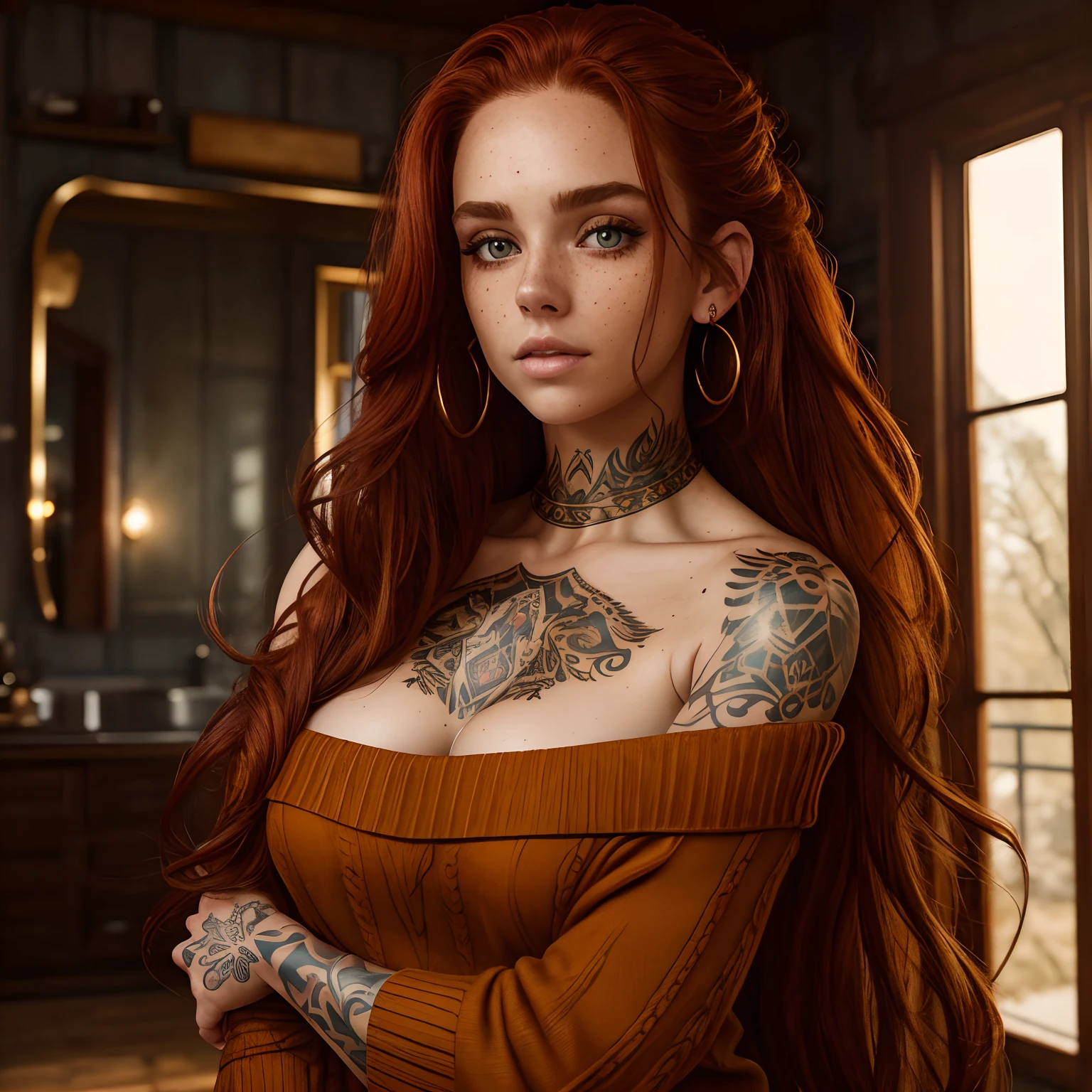Gorgeous woman, low camera angle, action shoot, messy long red hair, wide neck off-shoulder sweater, full body, beautiful athletic body, collarbone, 8k quality hdr, masterpiece, vin true love, big beautiful eyes, freckles, tattoos, jewelry, fantasy setting, golden hour,