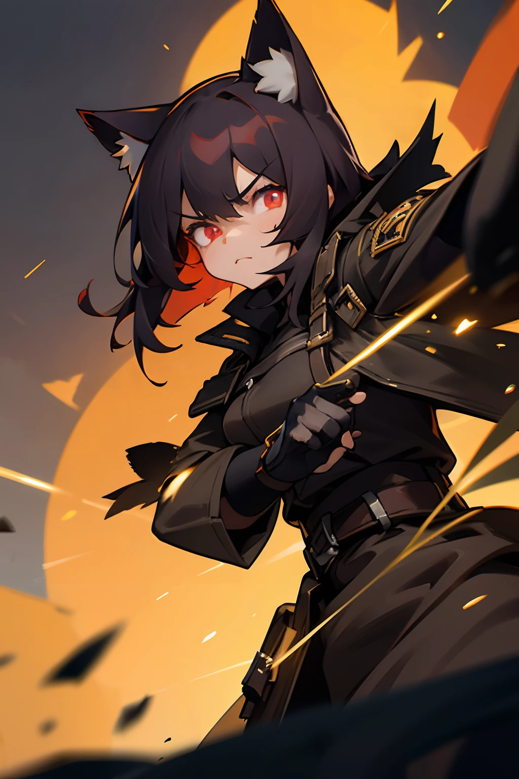 1 girl, 8k, artstation, masterpiece, depth of field, face portrait, cat ears, very shadowy, glowing red eyes, darkness, nighttime, very dark, emerging from darkness, angry expression, 1 arm reaching forwards, action shot, cinematic, gloves, trench coat, distant explosions