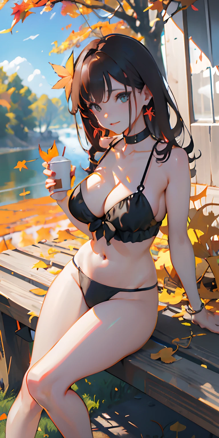 realisticlying、girl with、Outdoor Fashion、Autumn leaves Autumn leaves、Beautiful ginkgo tree、Slightly larger breasts with an emphasis on cleavage、Sexy Posing、Nature views