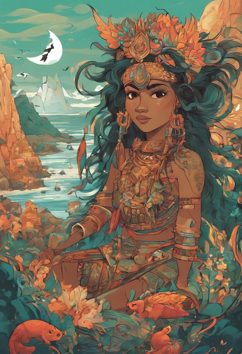 (best quality,4k,8k,Altas,master part:1.2),ultra-detalhado,(Realistic,fotorrealista,photo-realistic:1.37),colorido,imaginativo,humorous,aventureiro,tropical,magica,animado,ocean-themed,Disney,Moana,animation film,Cartoon,mundo de fantasia,personagens encantadores,Funny dialogues,trajes coloridos,Beautiful landscapes,turquoise waters,palmeiras verde-esmeralda,praias de areia branca,Sky lit by the sun,ondas cristalinas,Sol cintilante,exotic flowers,recifes de coral vibrantes,Towering Mystical Mountains,Playful Polynesian people,Ocean Adventure,Breathtaking canoeing trip,princesa de temperamento forte,cabelo de corvo encaracolado,olhos castanhos profundos,sorriso brilhante,Charismatic Demigod,juba encaracolado escuro,tatuagens semelhantes a lava,arma de anzol de peixe,shapeshifting abilities,Inspiring Aquatic Skills,Epic battles,amizades emocionantes,Inspirational Songs,Capacitando a autodescoberta,Tribal Dances,mythical creatures,Friendly oceanic spirit,Adorable pet pig,Pua,Adventurous Pet Rooster,Heihei,Lendas antigas,Ancestral Exploration,salvando seu povo,Overcoming obstacles,Encontrando sua verdadeira identidade,Celebrating culture and heritage.
