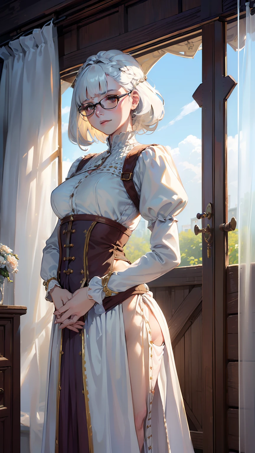 (((((middle woman))))), masterpiece, ultra detailed, 8K Portrait, Raw photo, woman's portrait photography, full body, Highly detailed face, ((Fantasy)), 48 years old, 1 woman, (((seamstress))), laugh heartily, glasses, (((white Curtain bangs hair))), (((white skin color))), ocher colored long sleeve clothes, maxi skirt, (((holding a dress))), (((cloth loom))), (((torso))), (((lots of thread and spools))), Midday Sun, Hyper realistic, (((pet woman))), small breasts, Beautiful breasts, big butt, In the medieval seamstress workshop, in front of torso, Ambient lighting, Shadow details , Camera focus on face, Light fog
