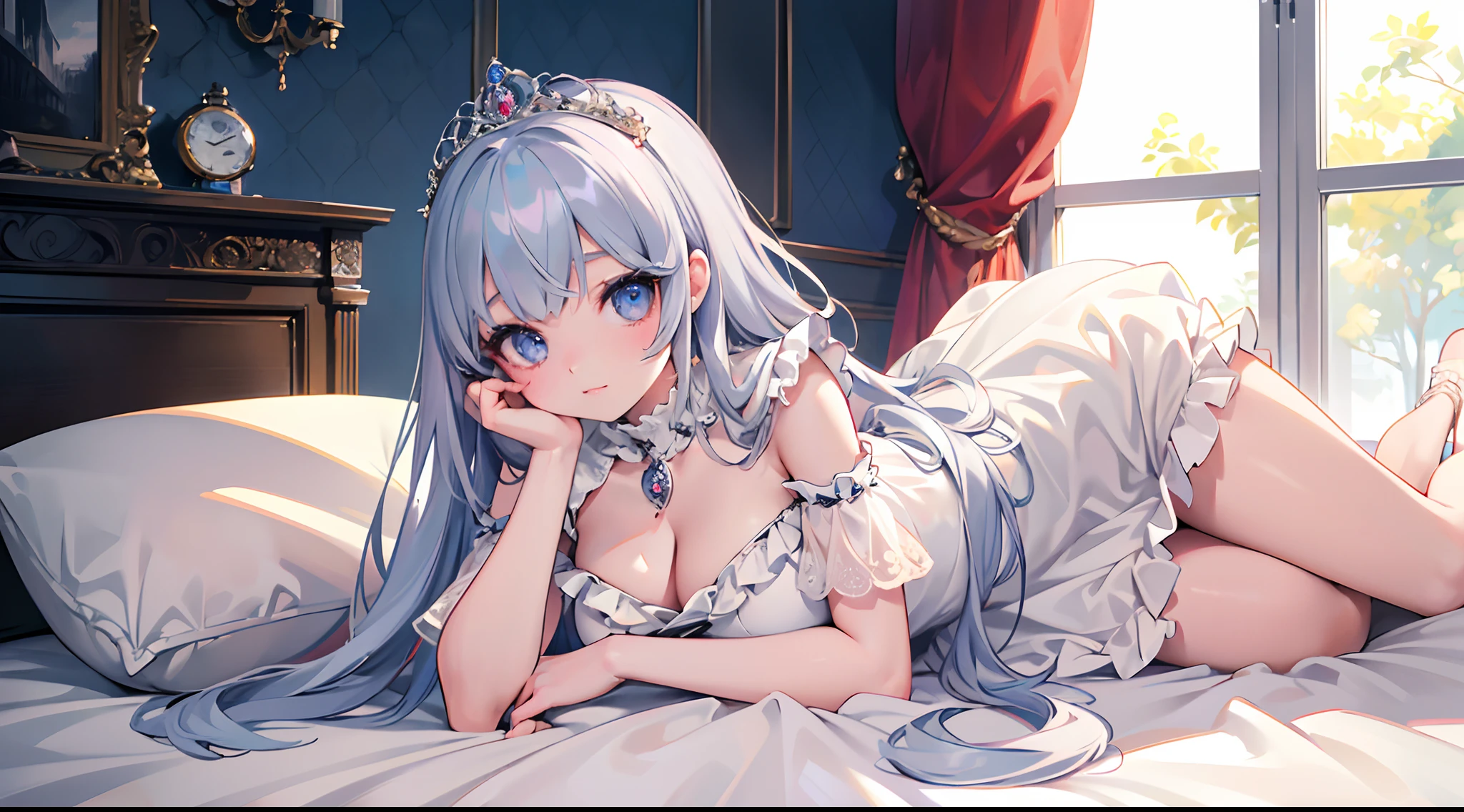 ulzzang-6500-v1.1, (raw photo:1.2), (photorealistic:1.4), beautiful detailed girl, very detailed eyes and face, beautiful detailed eyes, super detailed, high resolution, very detailed, best quality, masterpiece, (((princess)), (tiara), ((long dress, frilled dress)), ((intricate details)), Full body, face focus, slim body, petite body, beautiful detailed whole body, ((cleavage)), ((lie on bed)), ((head on pillow))