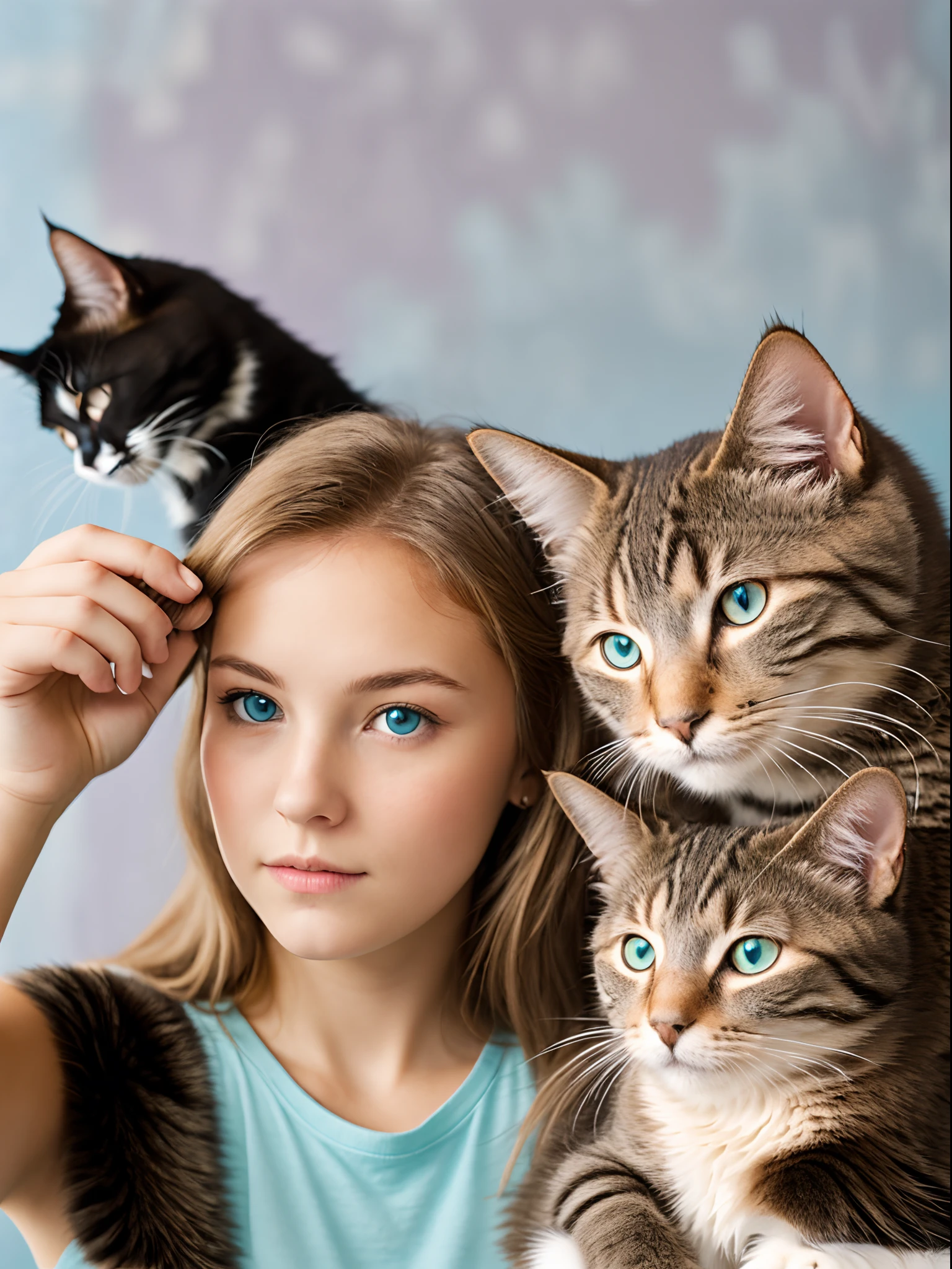 Girl with light hair blue eyes in a cat rescue with a lot of cats and purple walls