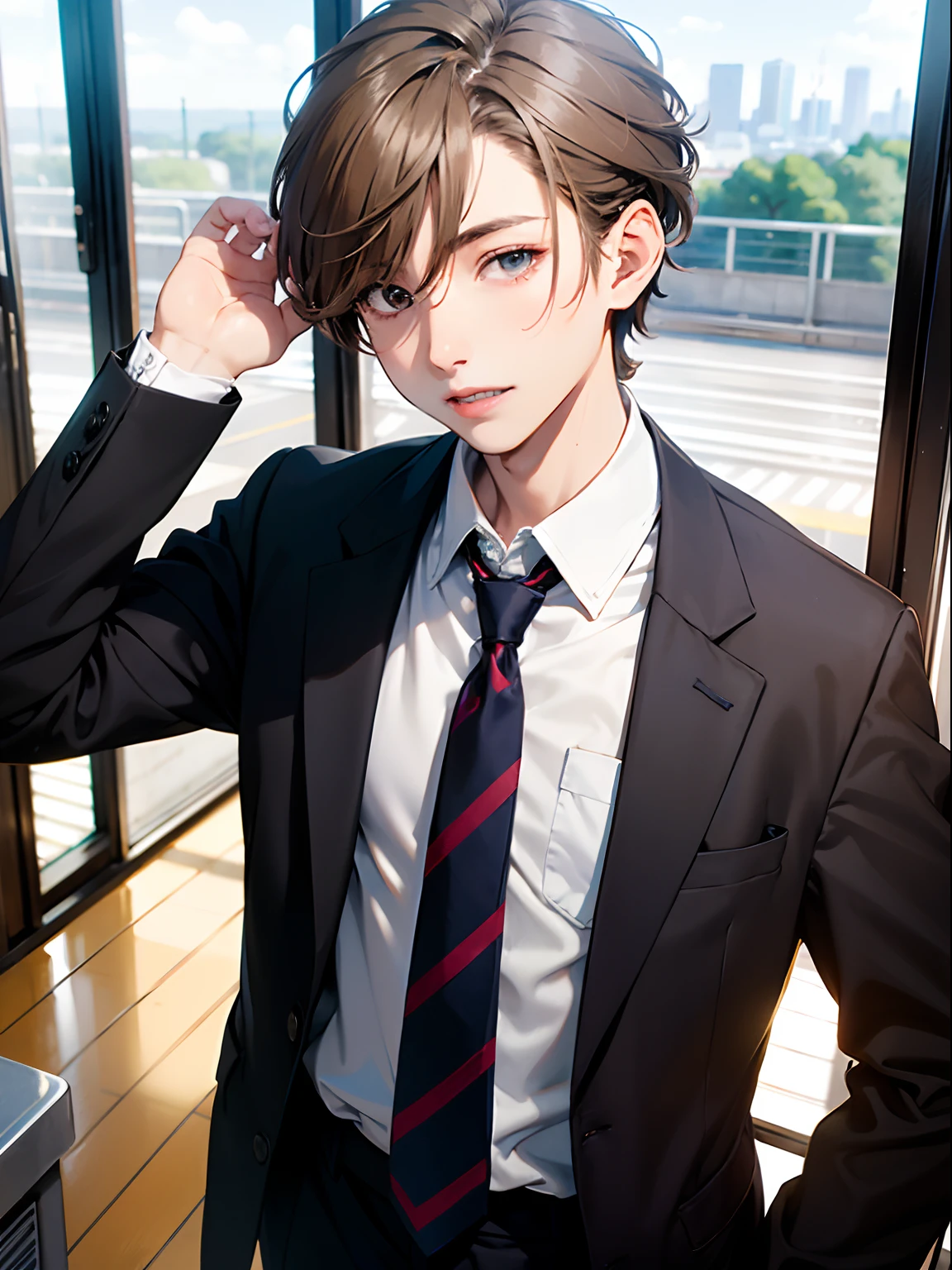 1boy, only、(Man's :2),(bobhair:1.5)、Light brown hair、Brightly colored ties、Take the train、Twilight,Natural lighting、hightquality、masutepiece,8K,hight resolution、