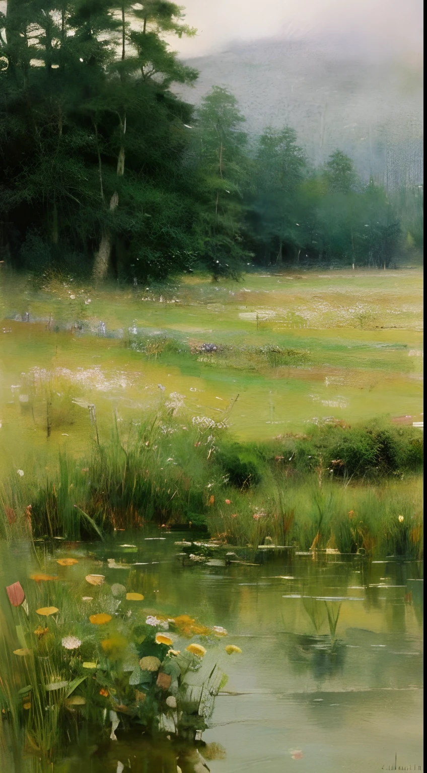 (Watercolor in Sargent style)、(top-quality、​masterpiece)、Soft light、Windermere landscape painted on a foggy morning、、Create an ethereal scene in a calm morning misty meadow。Draw delicate and blurry brushwork、Capture the elusive nature of fog、Enhance the serene atmosphere of the countryside、place々flower bloom、