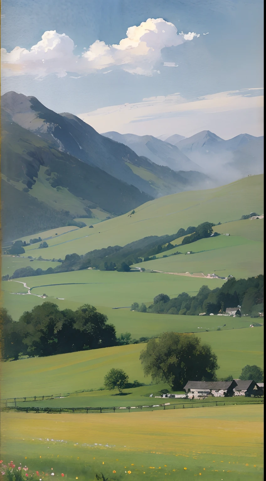 (Watercolor in Sargent style)、(top-quality、​masterpiece)、Soft light、Windermere landscape painted on a foggy morning、、Create an ethereal scene in a calm morning misty meadow。Draw delicate and blurry brushwork、Capture the elusive nature of fog、Enhance the serene atmosphere of the countryside、place々flower bloom、
