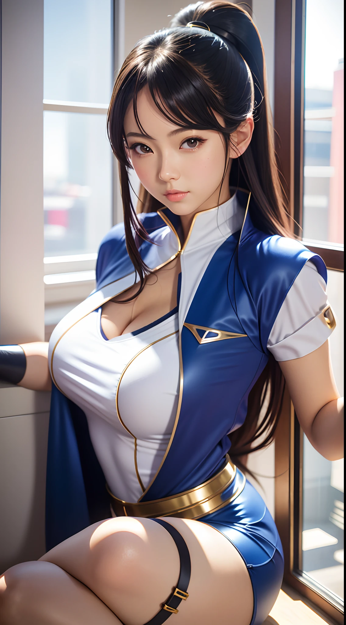 samurai girl, oriental, korean, dark black hair, (Straight hair or ponytail), k pop idol, Detailed,1 girl, beautiful, ((Thin laughter)), 8ｋ, artwork, Hyper realistic, wallpapers, (Ultra mini skirt), samurai armor, sitting, open legs, Pantie, panties appearing, white pantie, up skirt, cameltoe, thong, pantyshot, (((Light blue lighting))), (((Warping back)))