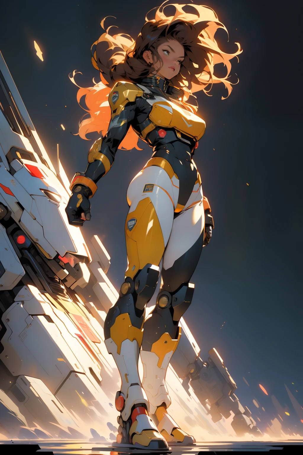 ((Best quality)), ((masterpiece)), (detailed: 1.4), (Absurd), (((full body)), (((woman))), 35-year-old woman, Beautiful muscular woman, giant robot pilot, wild with perfect body, wearing little clothing, tiny thong, clothing with Japanese graphic patterns, halftone pattern and vertical stripes, yellow gold, coming out of the body of a giant robot