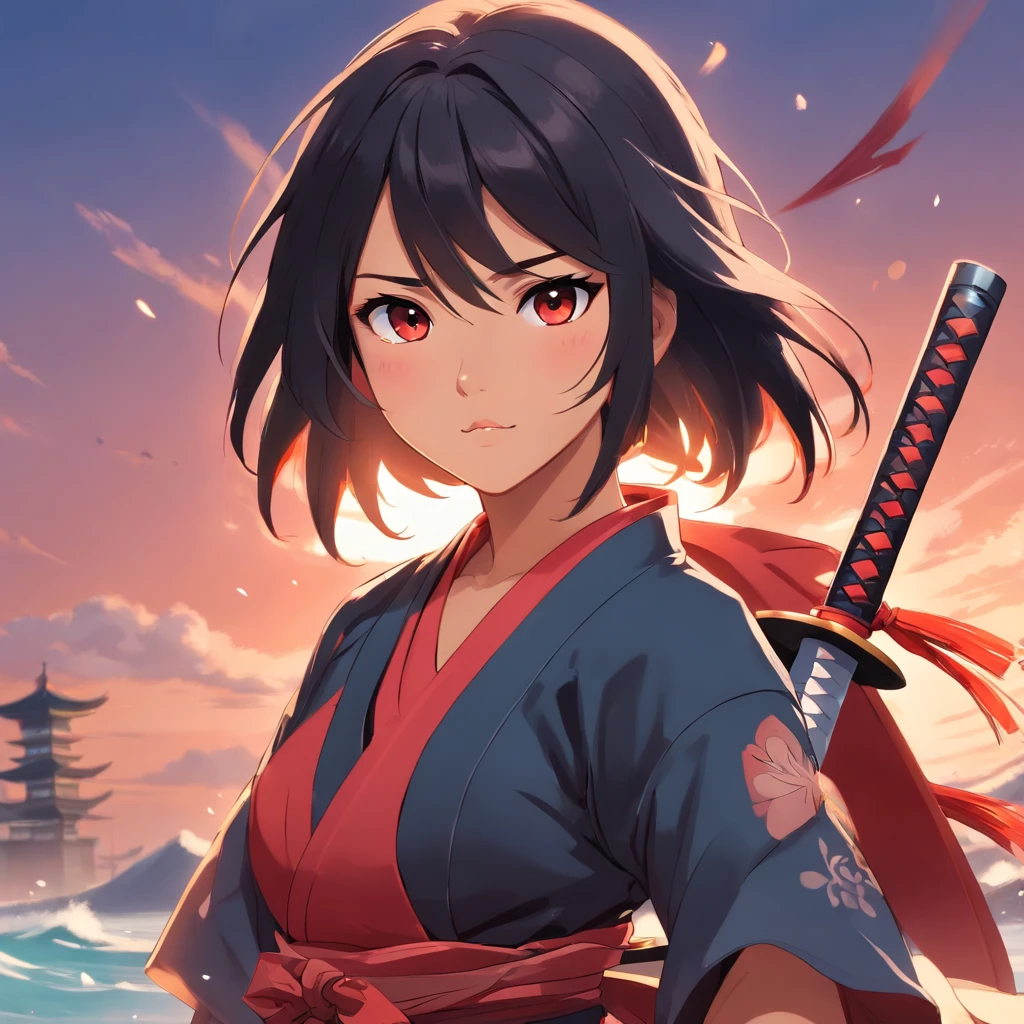 Female samurai warrior, jet black hair, dark skinned tanned, red black, cute face
