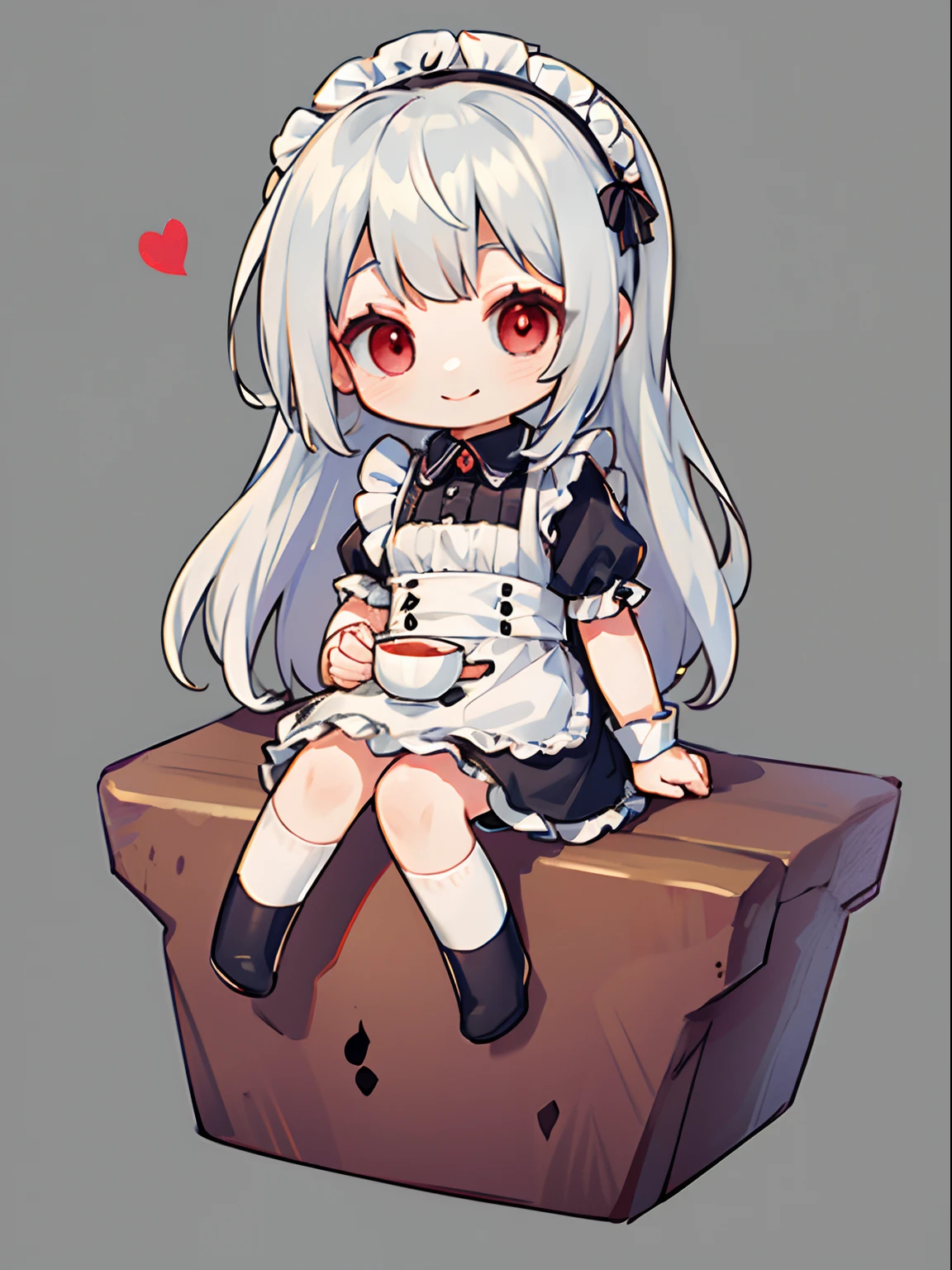 Silver-haired woman,Red Eyes,cute little,A smile,maid clothes,adolable,frilld,Long hair,a miniskirt,full body Esbian,cute background,Physical education sitting,Sitting with your knees,Sitting in tea