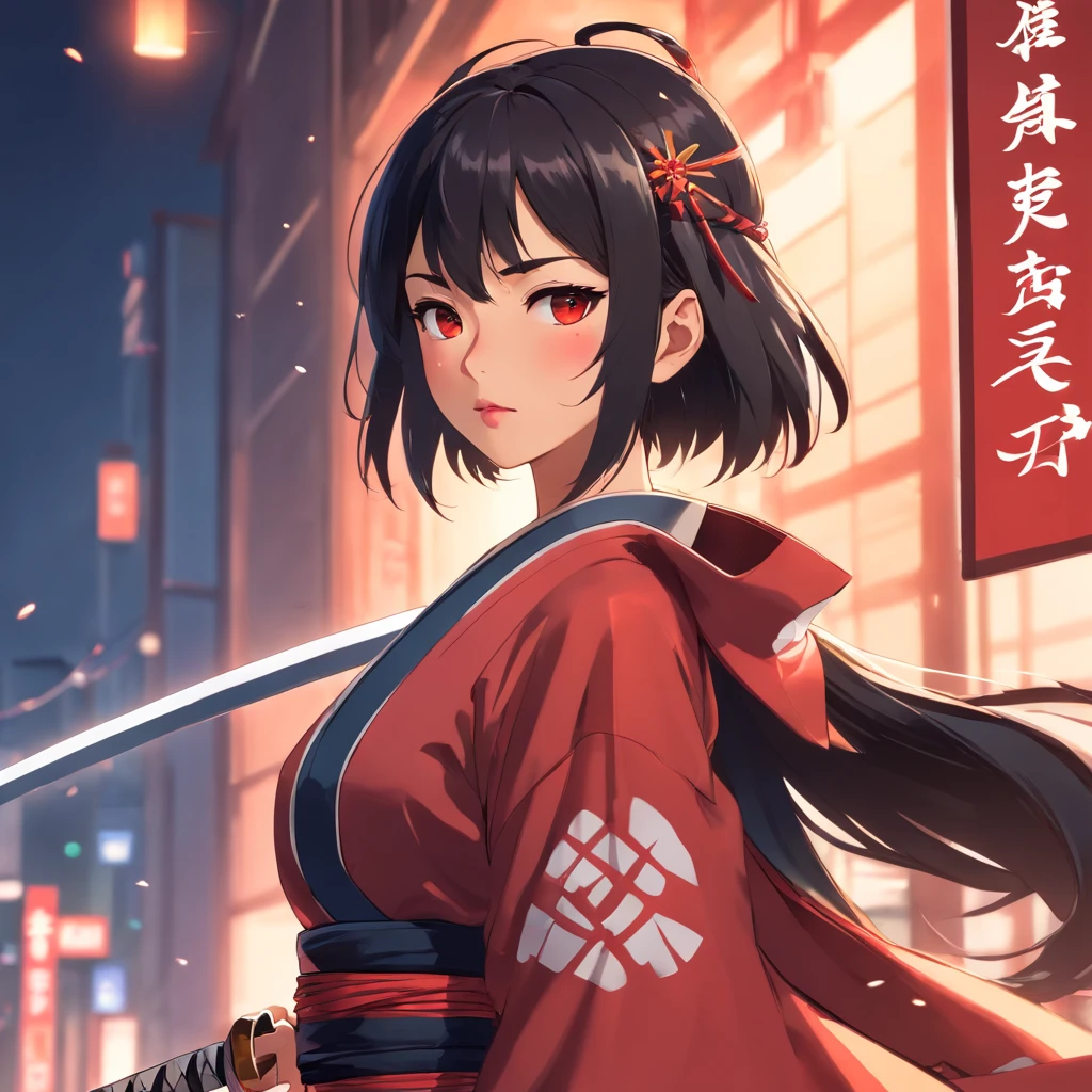 Female samurai warrior, jet black hair, dark skinned tanned, red black, cute face, freckles on the face, red lipstick, full body, no extra hair, cover top, black eyeballs, geisha warrior, brown tan skinned, sexy hair style, extravagant outfit, realistic