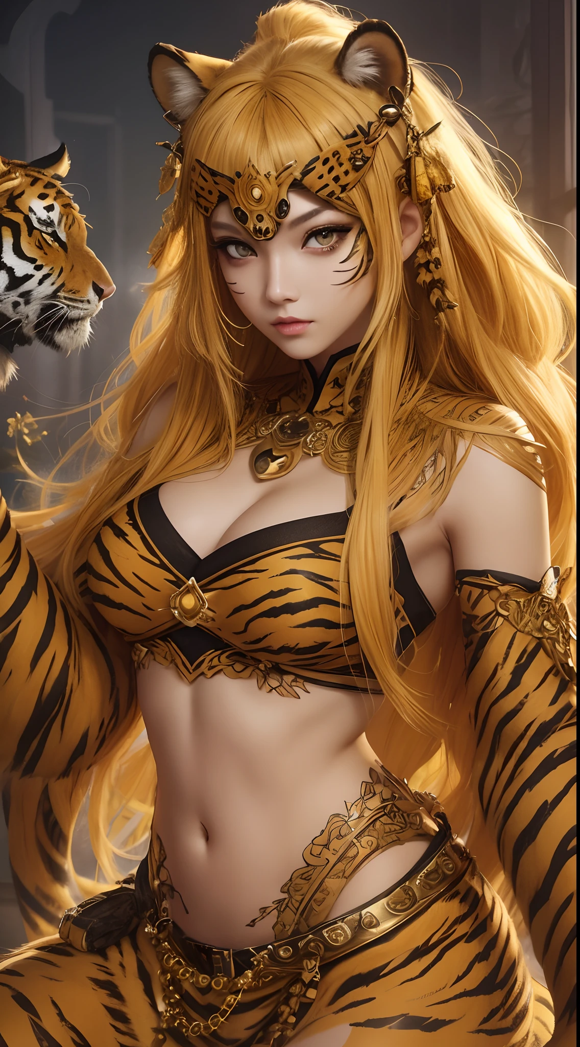 She is a tiger beastman。Yellow eyes、beautiful expression、Yellow skin、Tiger print hair、Fashion with less exposure、