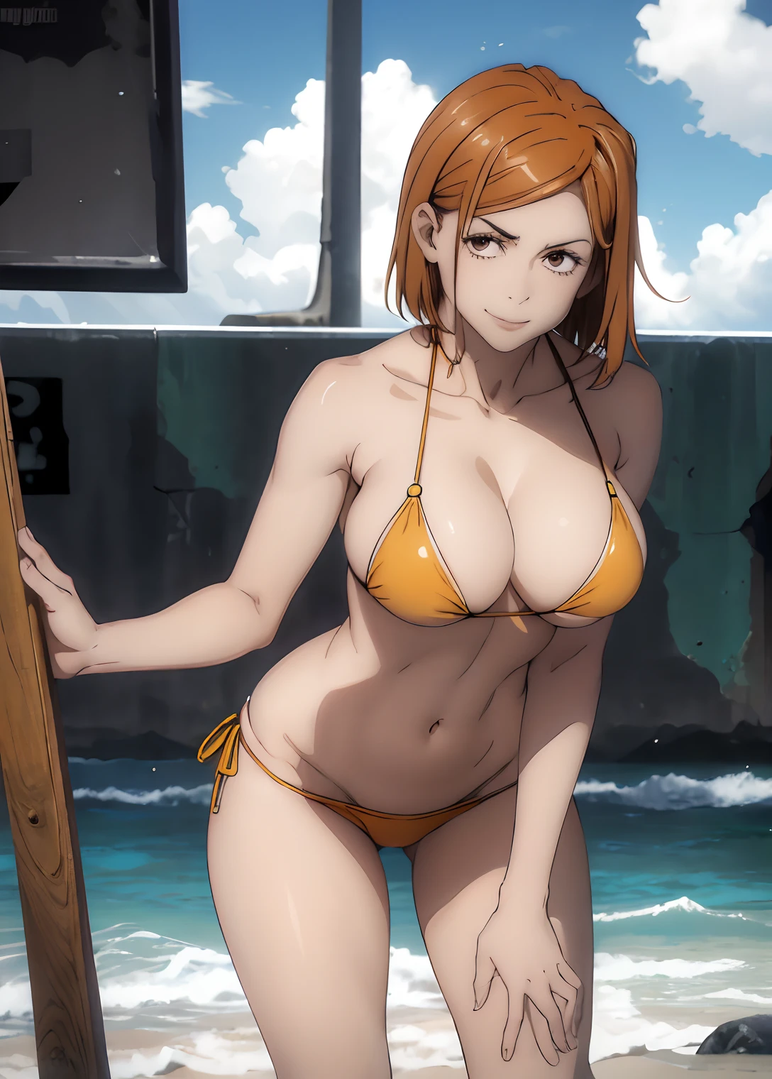 ((top quality, 8k, masterpiece: 1.3, ultra hd, high quality, best quality, high definition, realism)), sharp focus: 1.5, Model Nobara kugisaki, orange eyes, Mole under the outer edge of the eye, Short orange hair, breasts, (((Sexy and seductive pose, leaning forward))), thick thighs, ((((beach)))), ((yellow bikini)), cheeky smile, sea