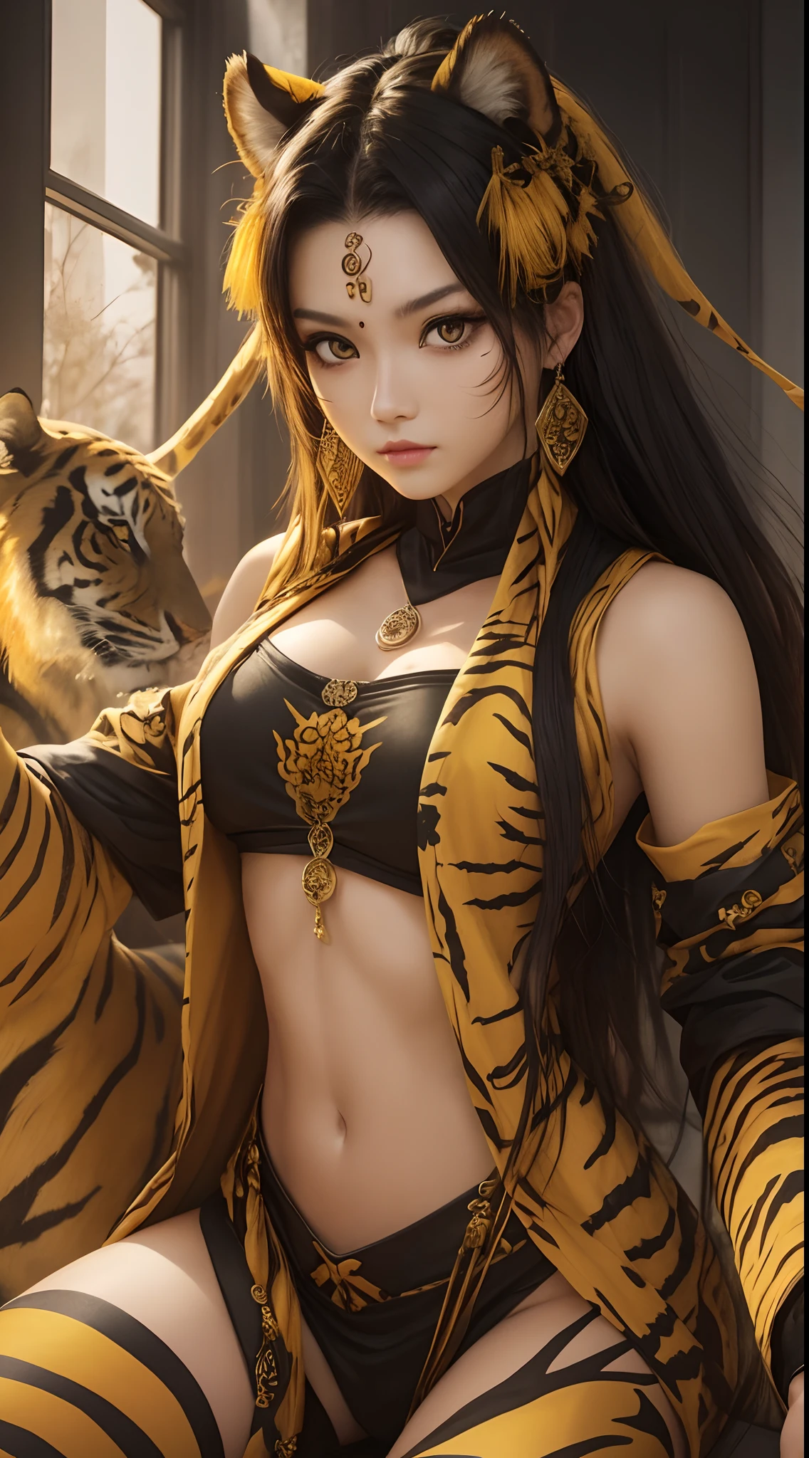 She is a tiger beastman。Yellow eyes、beautiful expression、Yellow skin、Tiger print hair、Fashion with less exposure、