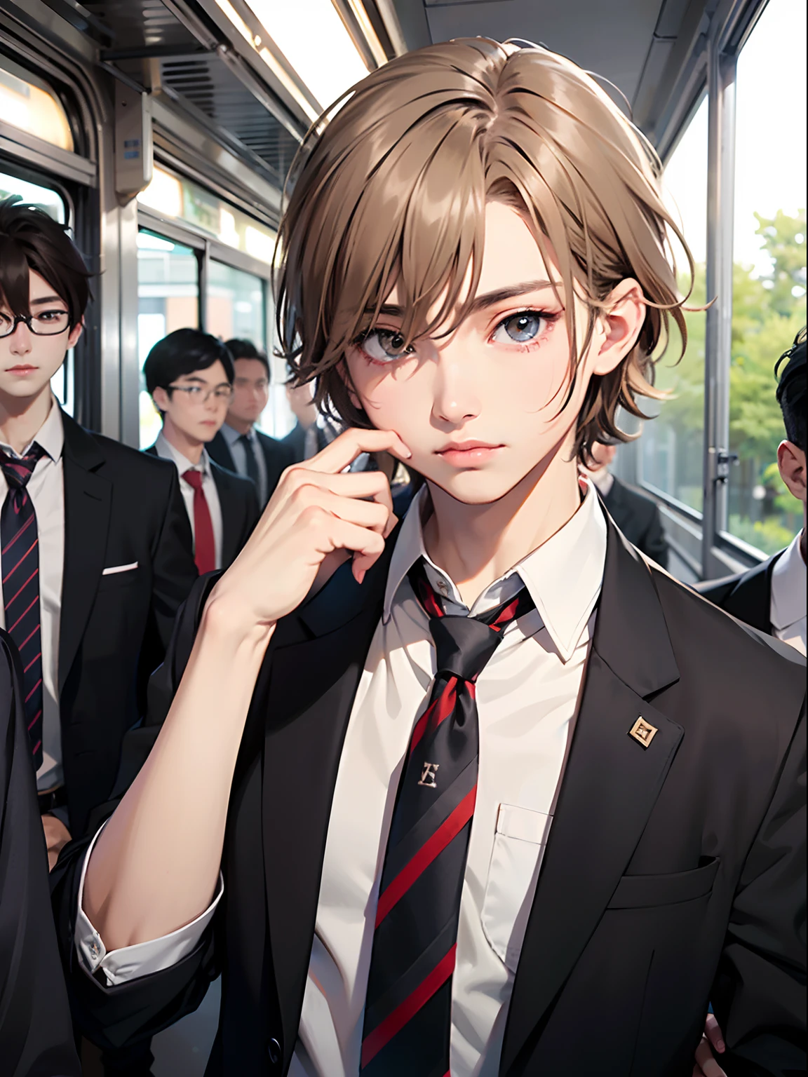 1boy,11 only、(Man's :2),(bobhair:1.5)、Light brown hair、Brightly colored ties、Take the train、Twilight,Natural lighting、hightquality、masutepiece,8K,hight resolution、