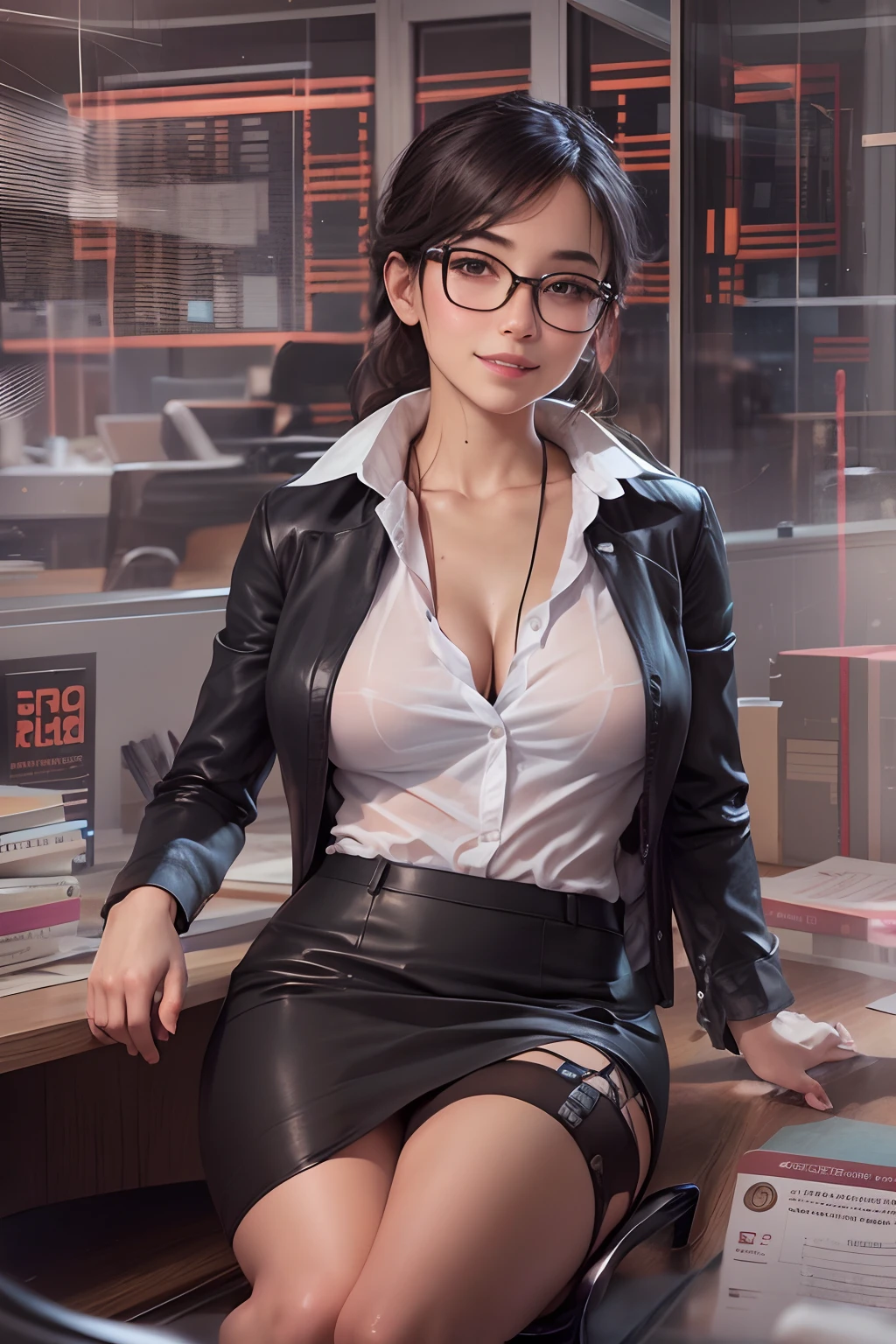 Beautiful Asian MILF, smiling slyly, busty, athletic body, shirt brunette hair, glassses, clothed female, office attire, sheer white blouse open exposiing , short black leather mini slit skirt, semi sheer black thigh high stockings, red strapped platform stiletto high heels, sitting on desk, spread legs showing pantyless crotch, drop shadow, anaglyph, stereogram, tachi-e, pov, atmospheric perspective, 8k, super detail, ccurate, best quality, Model: MagMix