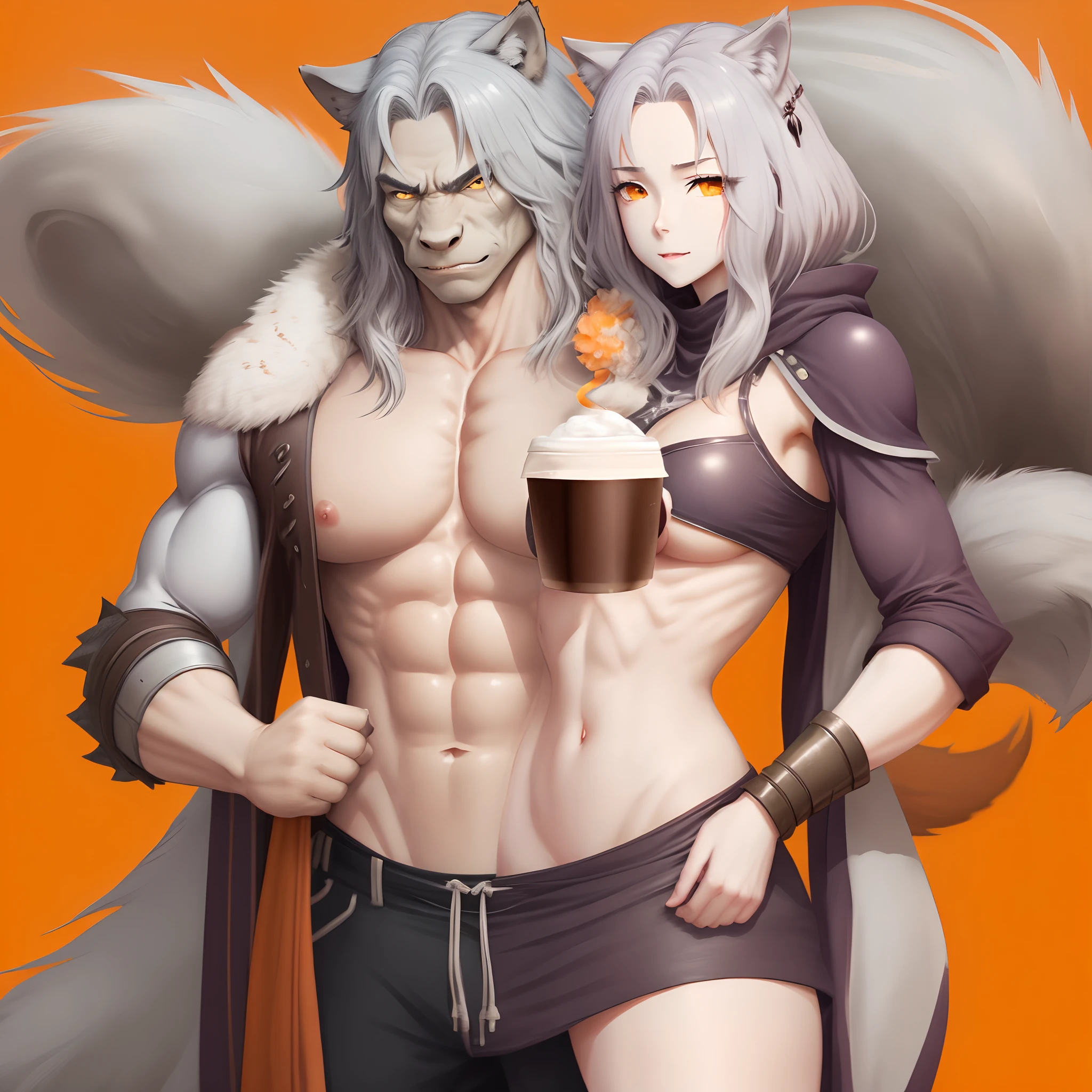Non-human,Strengthen muscles,Gray wolf orcs,Gray hair all over,anime big breast,male people,Wolf tail,Wolf ears,holding coffee。Orange background,looking to the camera