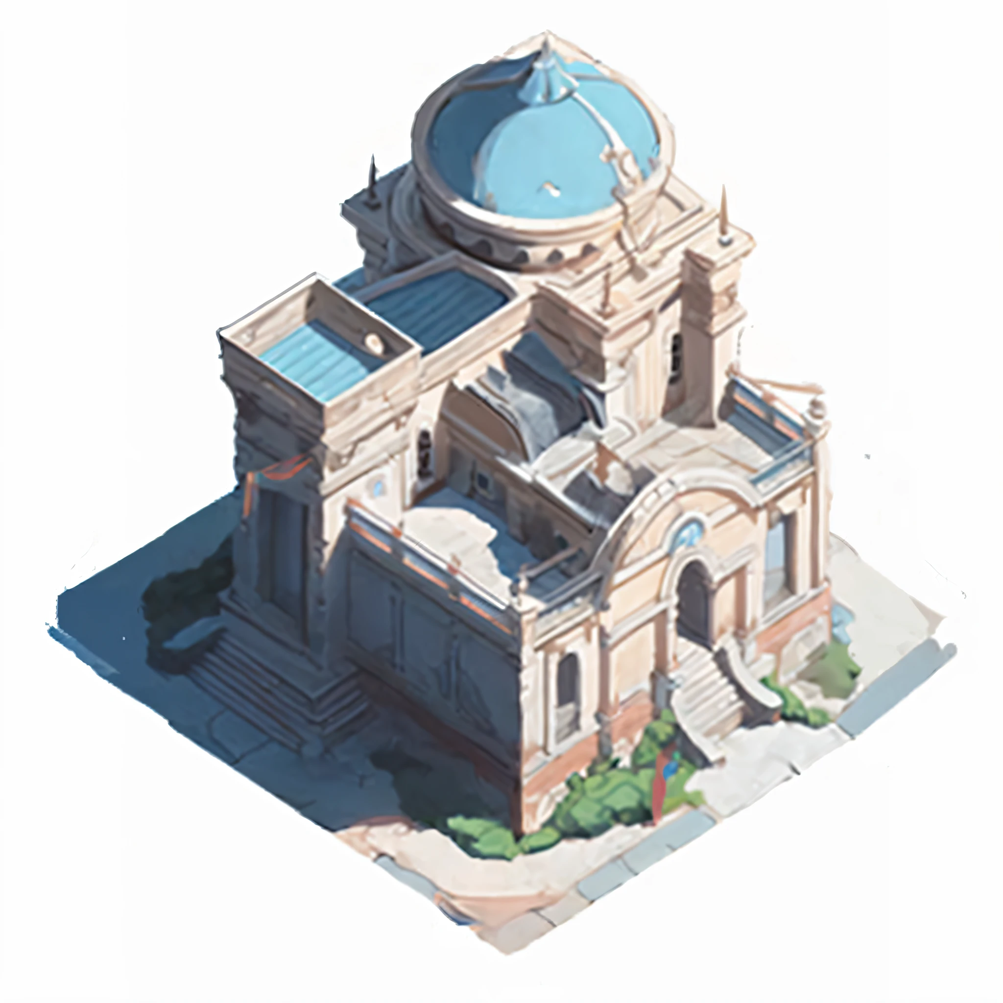 a small building with light blue roof