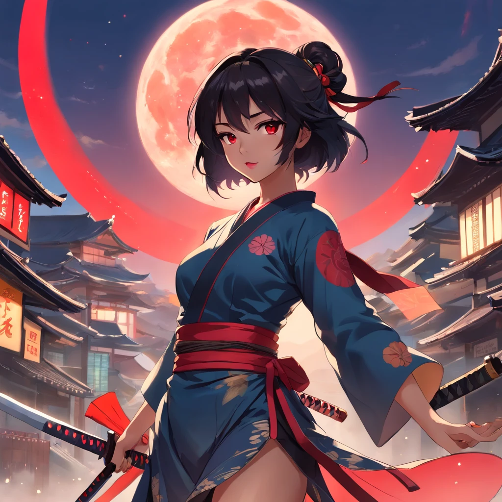 Female samurai warrior, jet black hair, dark skinned tanned, red black, bright moon, freckles on the face, red lipstick, full body, no extra hair, cover top, black eyeballs, geisha warrior, brown tan skinned, sexy hair style, extravagant outfit, cute face, realistics