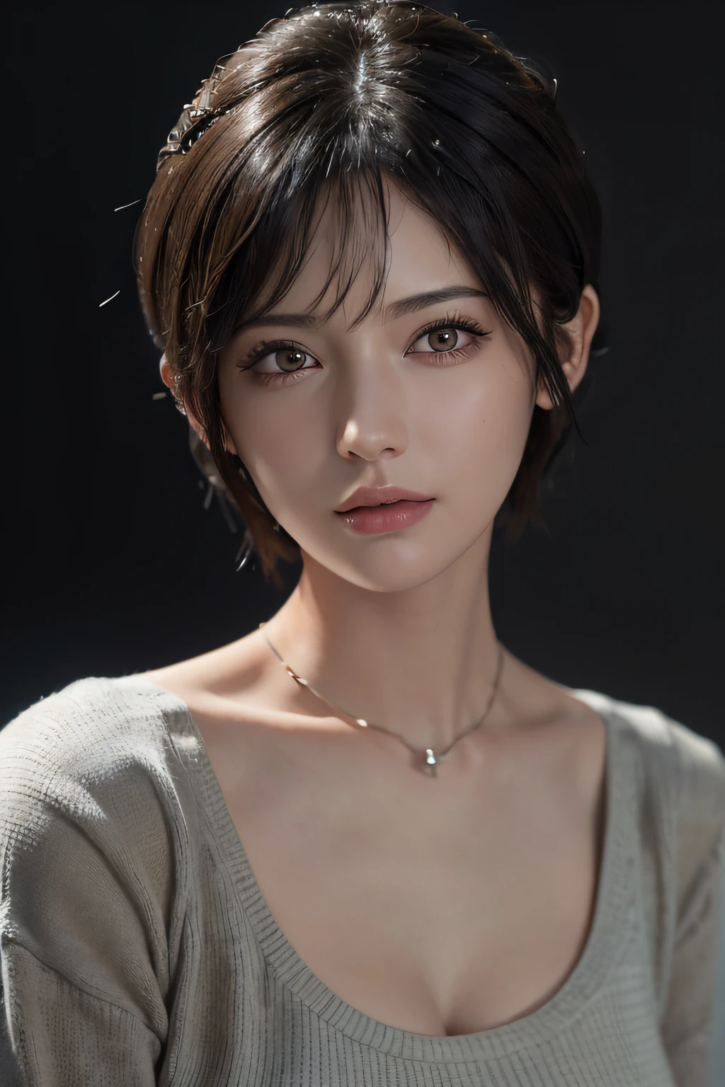 (masterpiece:1.3), (8k, photorealistic, RAW photo, best quality: 1.4), (1girl), beautiful face, (realistic face), (black hair, short hair:1.3), beautiful hairstyle, realistic eyes, beautiful detailed eyes, (realistic skin), beautiful skin, (sweater), absurdres, attractive, ultra high res, ultra realistic, highly detailed, golden ratio