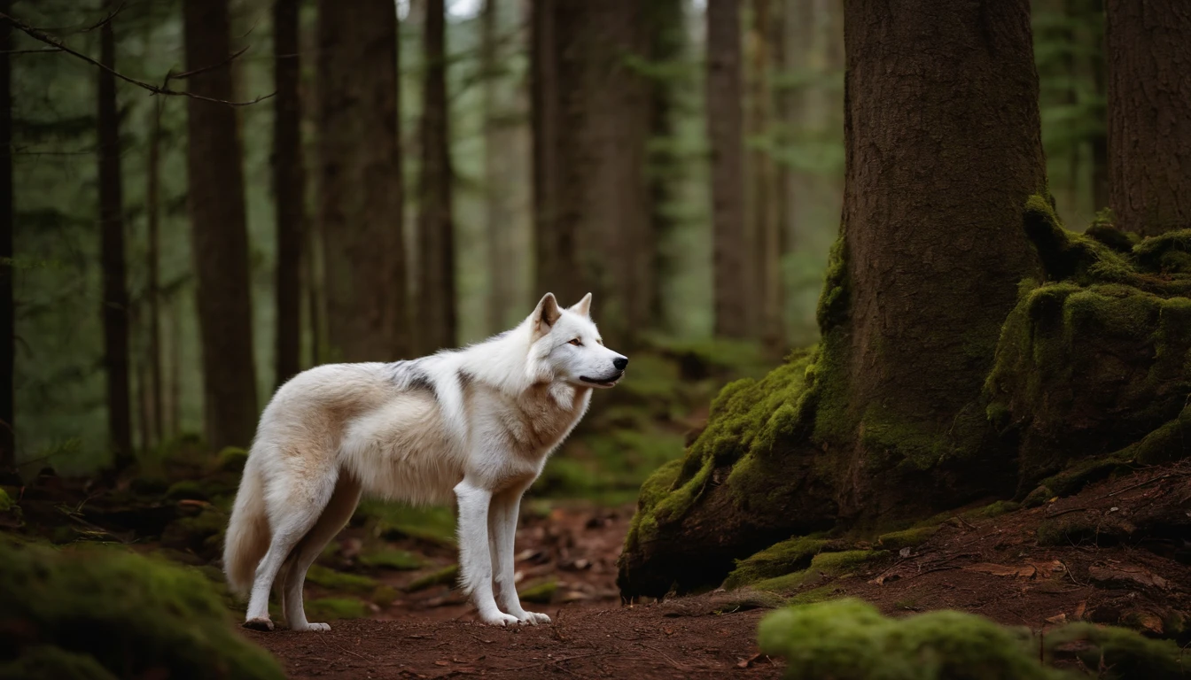 there is a white dog standing in the woods next to a tree, a picture inspired by Wolf Huber, unsplash, conceptual art, photo of wolf, a white wolf, wolves and their treasures, wolf companion, looking majestic in forest, great wolf, wolf, lone wolf, still from a nature documentary, still from nature documentary, wolves